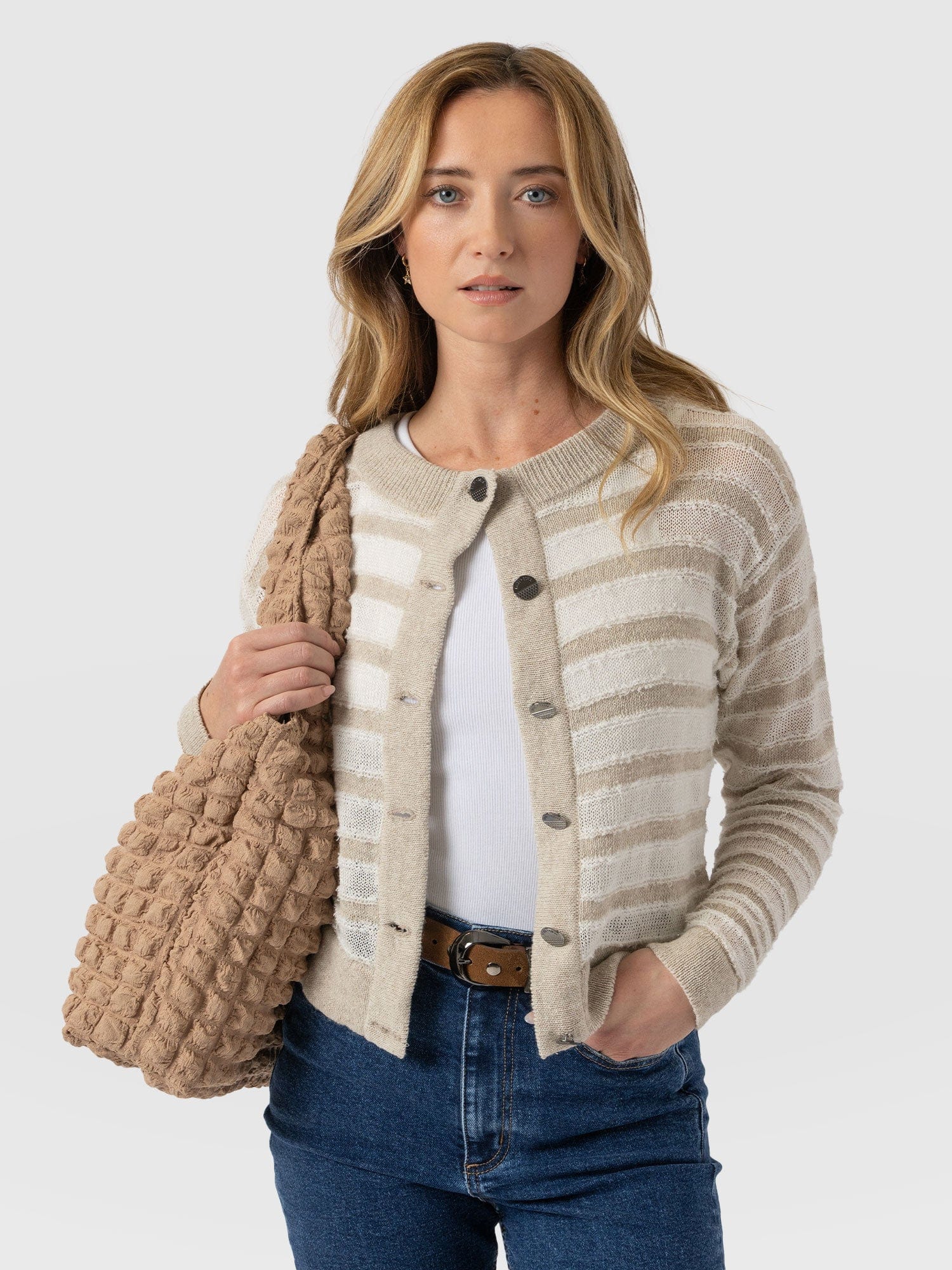 Fearne Knit Cardigan - Cream Stripe - Women's Cardigans | Saint and Sofia® UK