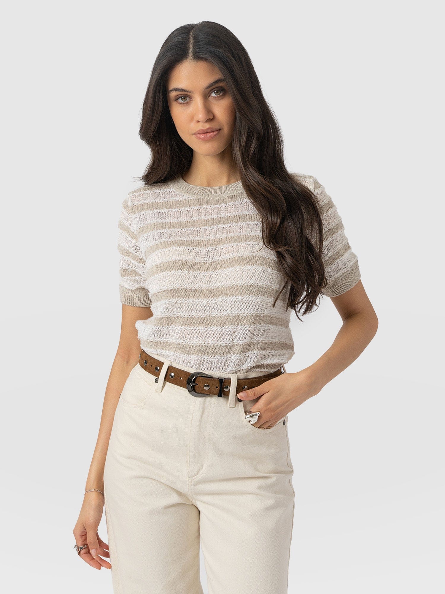 Fearne Knit Tee - Cream Stripe - Women's Knitwears | Saint + Sofia® UK