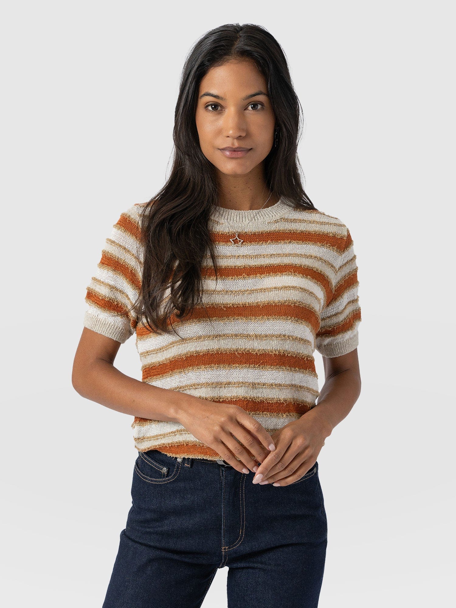 Fearne Knit Tee - Rust Stripe - Women's T-Shirts | Saint + Sofia® UK