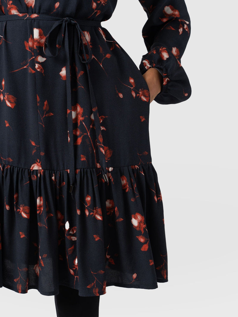 Fia Mini Tiered Dress - Dark Roses