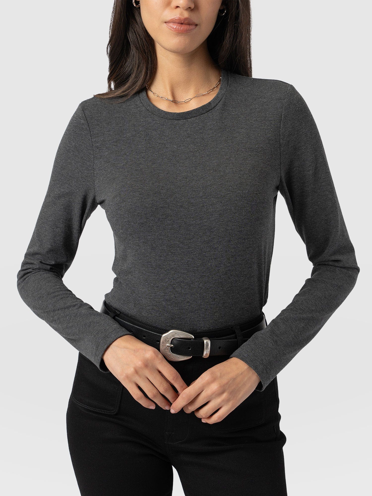 Glen Crew Neck Tee Charcoal - Women's Tops | Saint + Sofia® UK