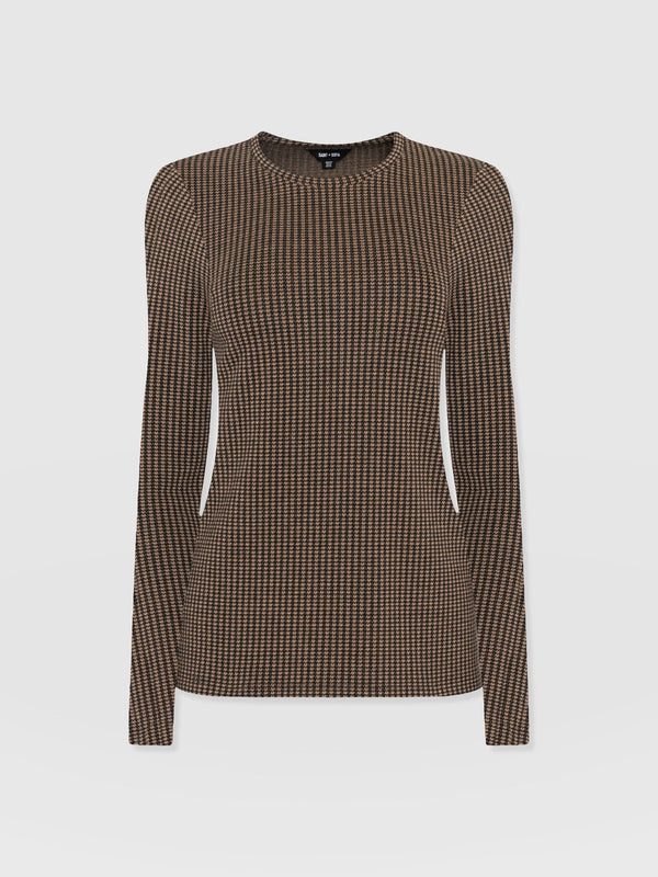 Glen Crew Neck Tee Long Sleeve - Brown Mini Houndstooth