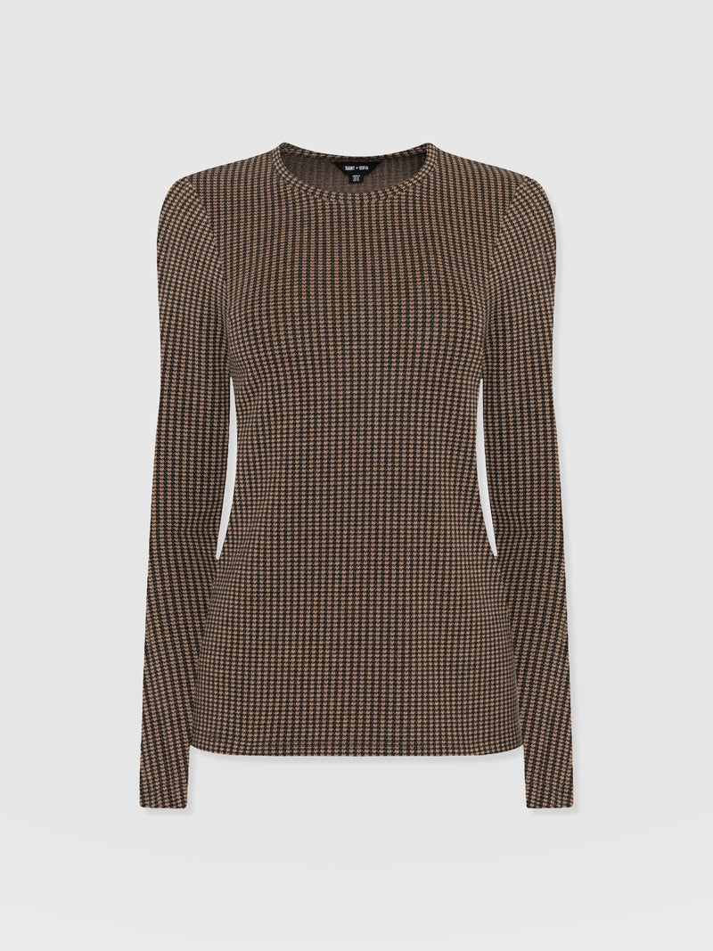 Glen Crew Neck Tee Long Sleeve - Brown Mini Houndstooth