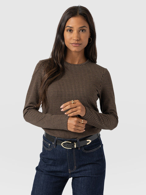 Glen Crew Neck Tee Long Sleeve - Brown Mini Houndstooth - Women's T-shirts | Saint and Sofia® UK