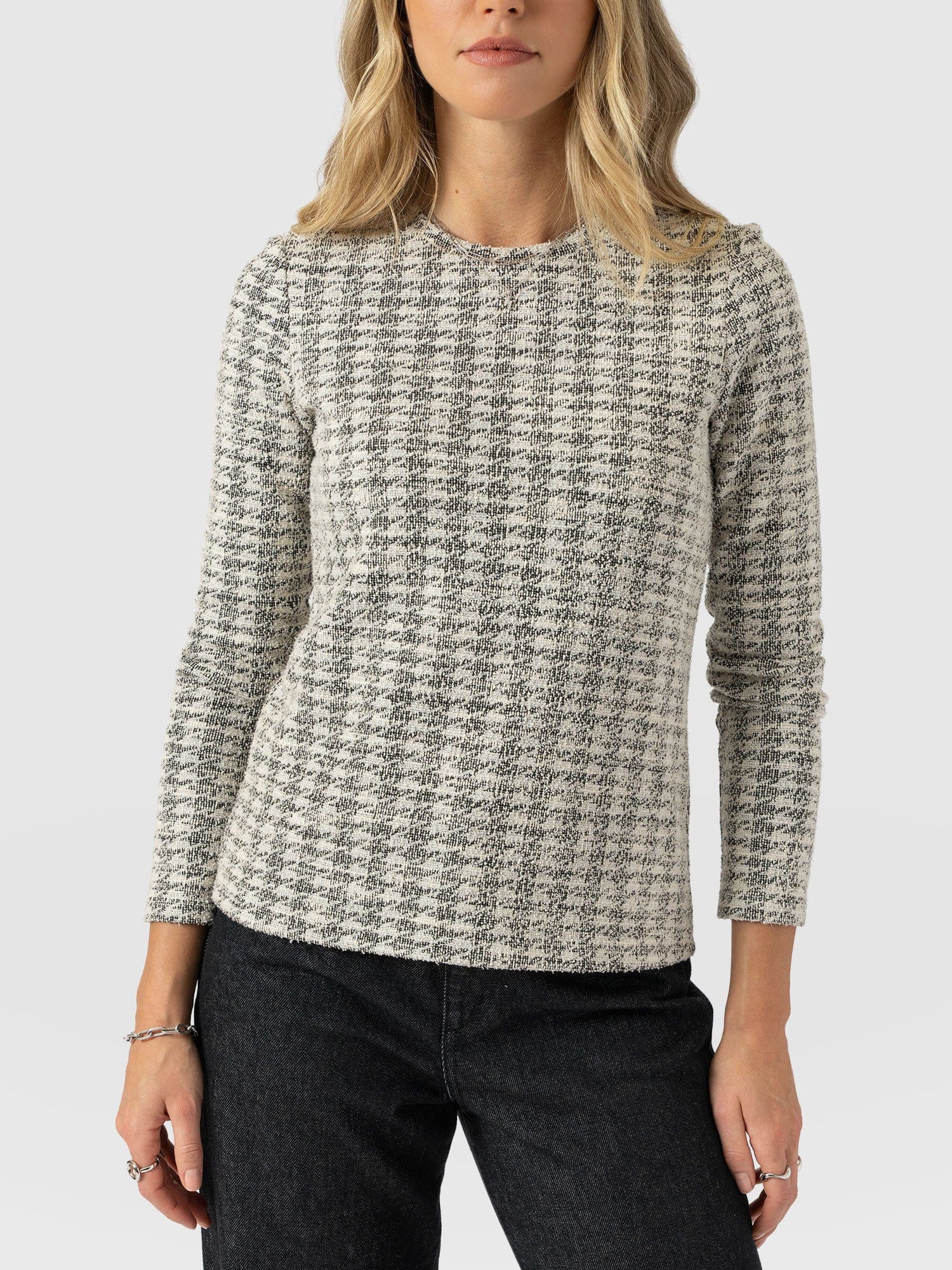 Glen Crew Neck Tee Long Sleeve - Cream Boucle