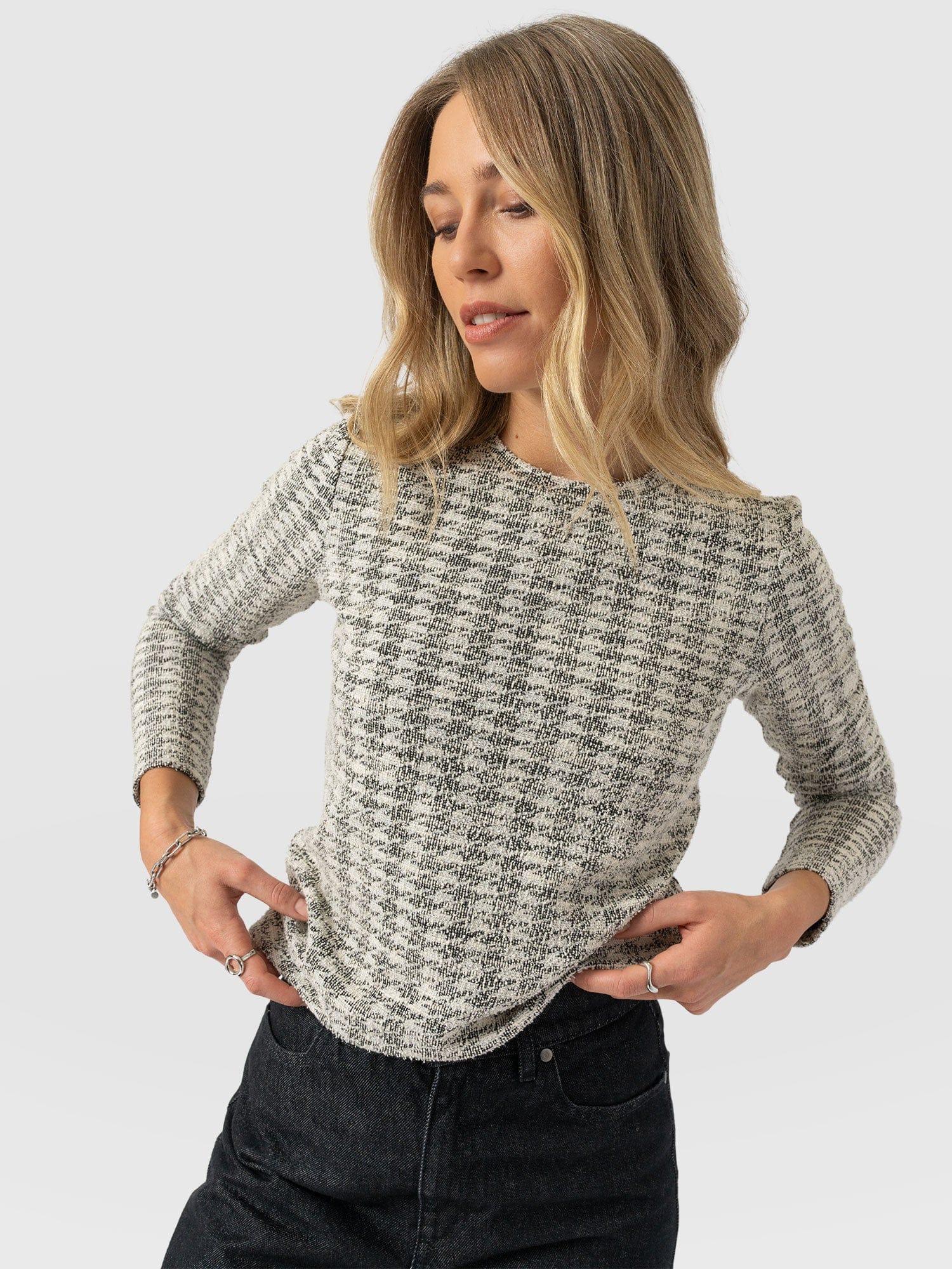 Glen Crew Neck Tee Long Sleeve - Cream Boucle