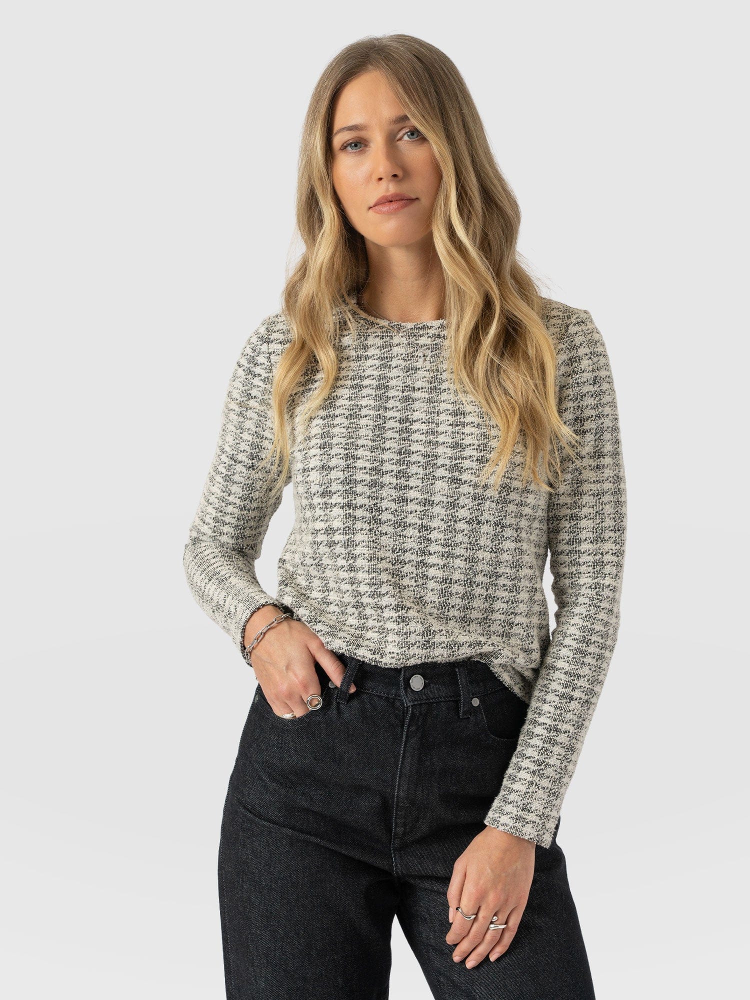 Glen Crew Neck Tee Long Sleeve - Cream Boucle