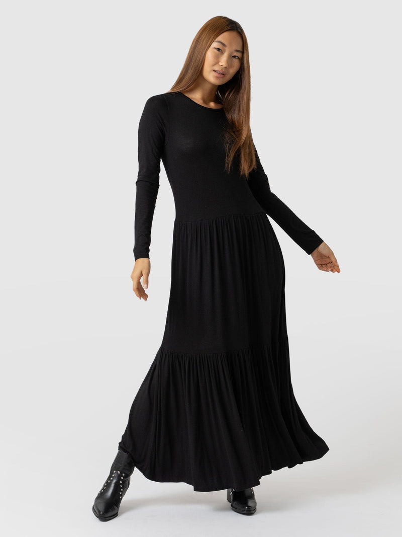 Stori Long Sleeve Sheer Layered Maxi Dress in Black