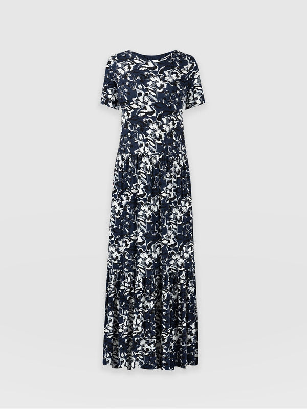 Greenwich Dress Short Sleeve - Navy Jardin Stencil