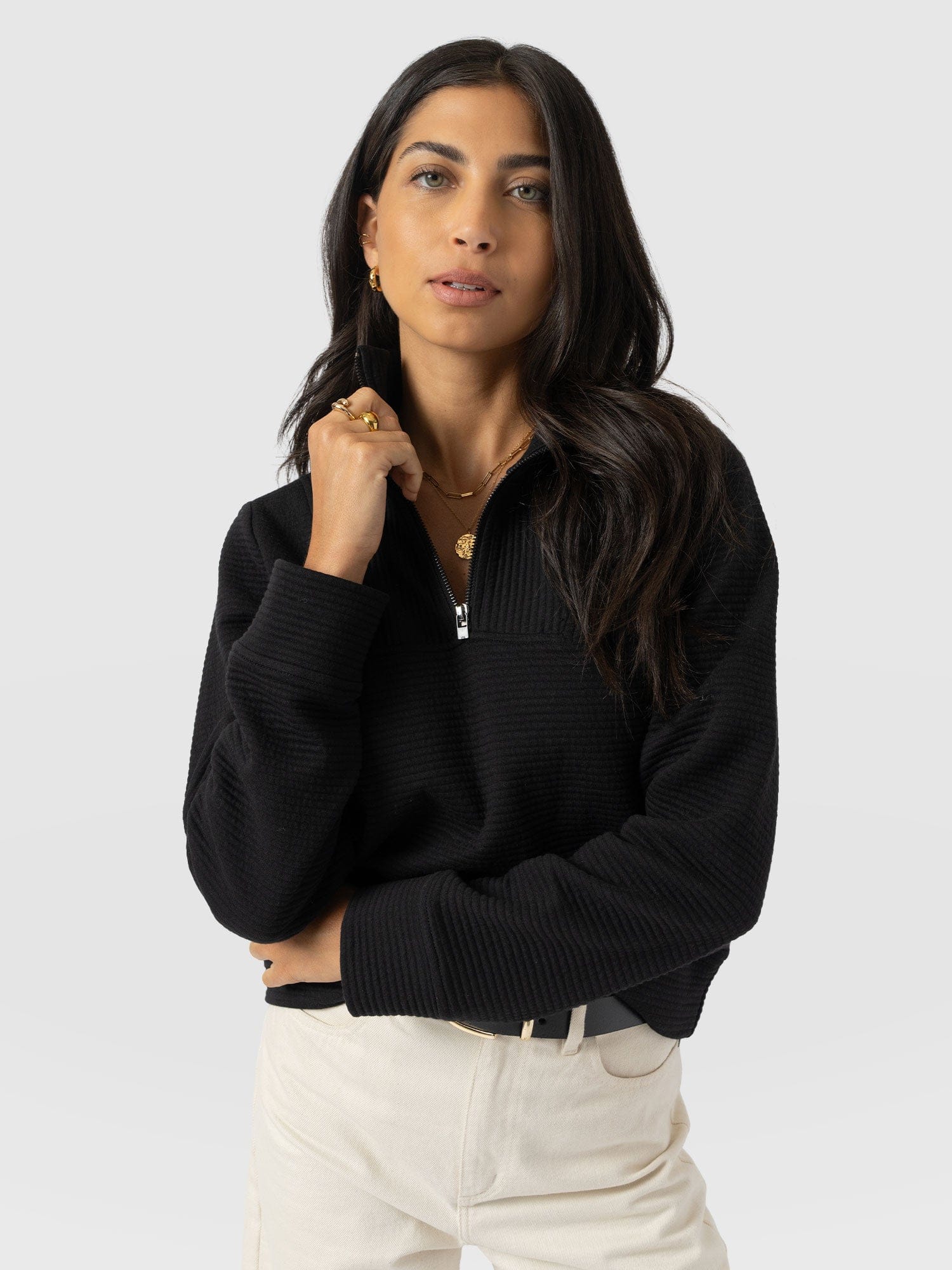 Halsey Quarter Zip - Black Ottoman - Women's Jumpers | Saint + Sofia® UK