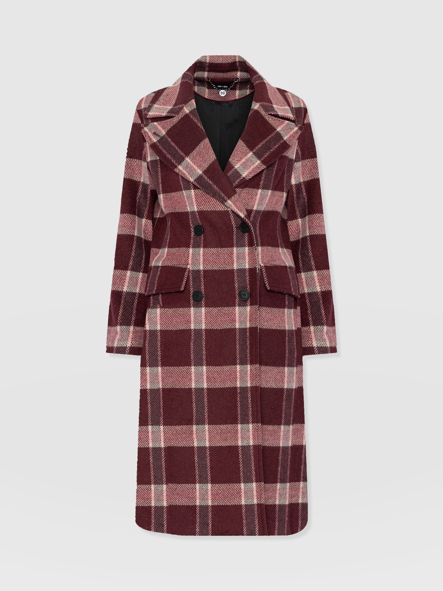 Hampton Coat - Burgundy/Pink Check - Women's Outerwears | Saint + Sofia® UK
