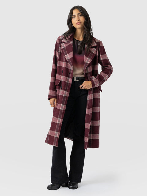 Hampton Coat - Burgundy/Pink Check - Women's Outerwears | Saint + Sofia® UK