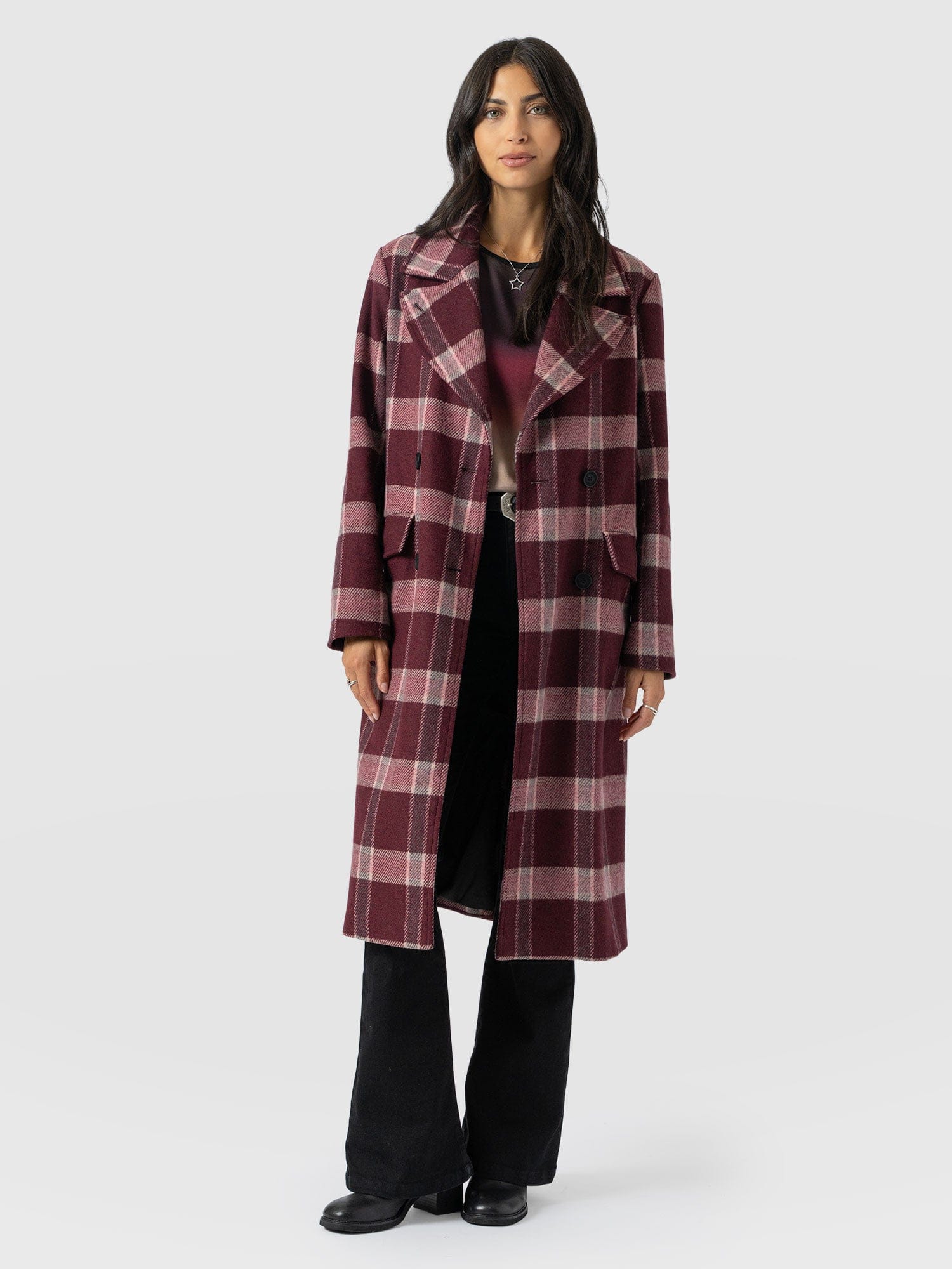 Hampton Coat - Burgundy/Pink Check - Women's Outerwears | Saint + Sofia® UK