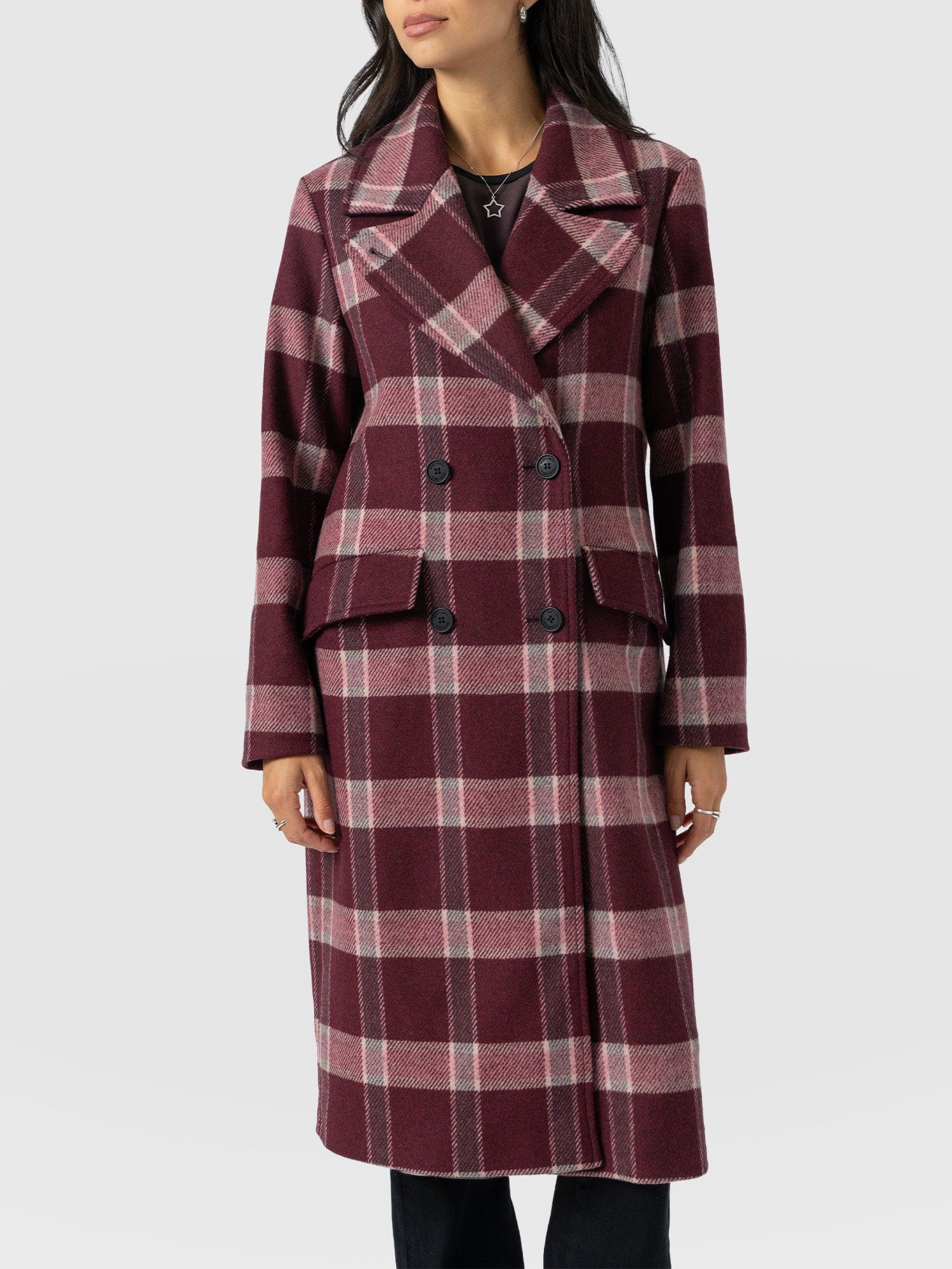 Hampton Coat - Burgundy/Pink Check - Women's Outerwears | Saint + Sofia® UK