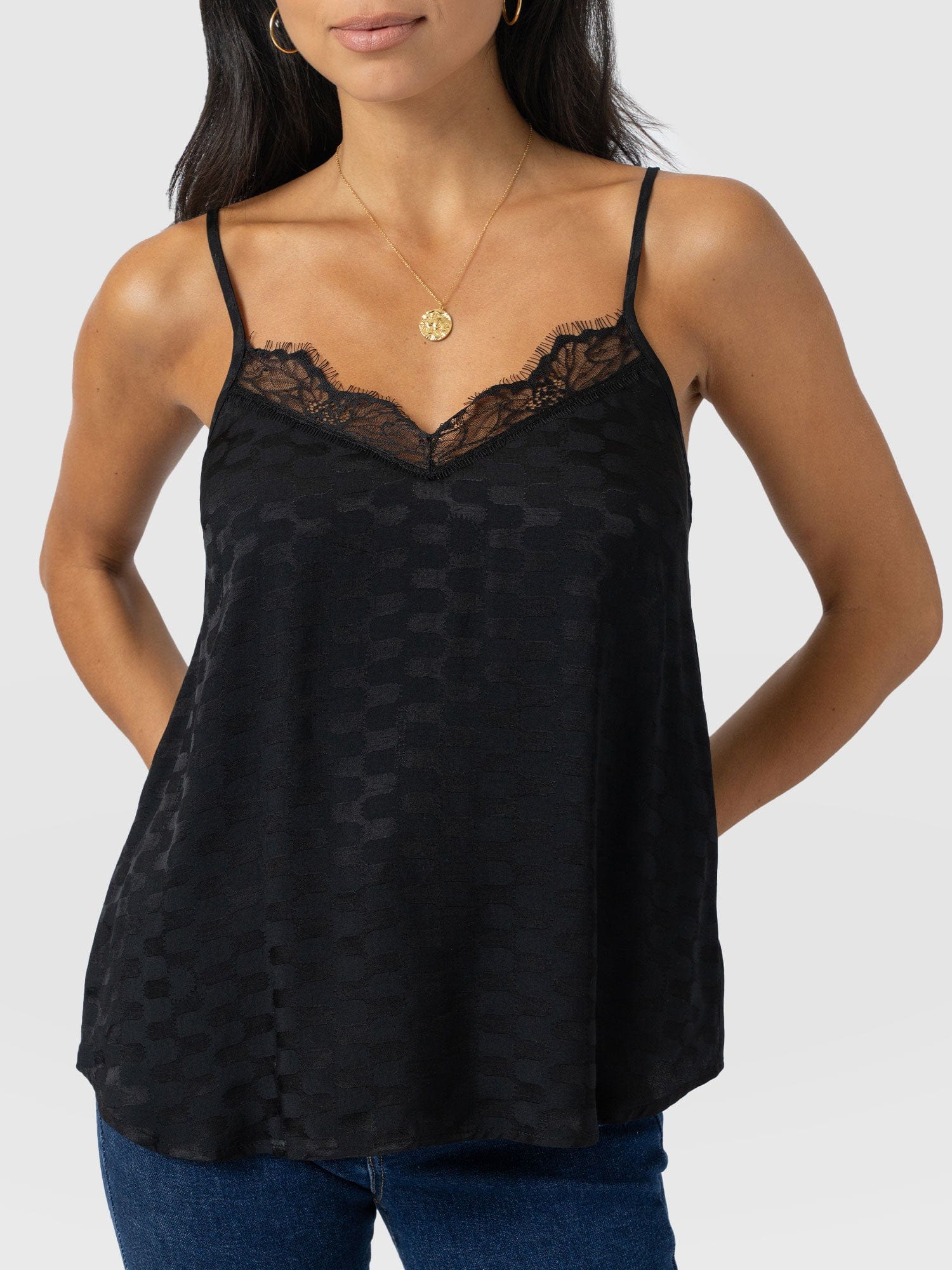 Harper Lace Cami - Black Jacquard - Women's T-shirts | Saint + Sofia® UK