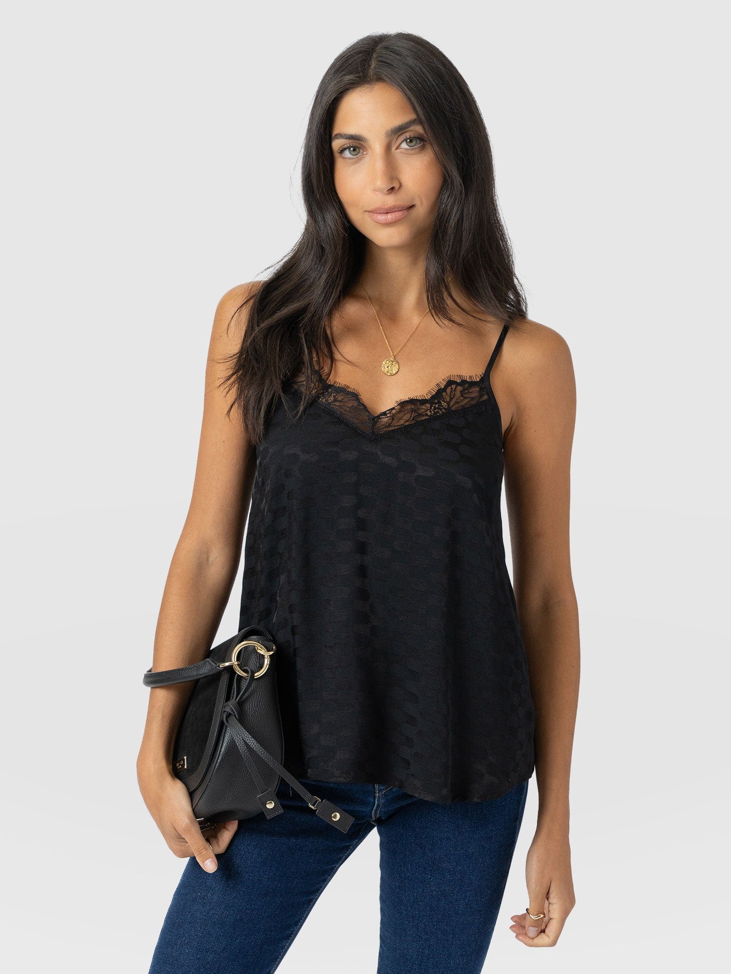 Harper Lace Cami - Black Jacquard - Women's T-shirts | Saint + Sofia® UK