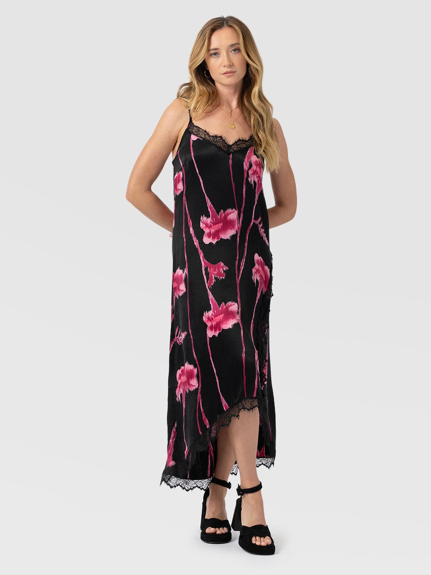 Harper Lace Cami Dress - Pink Stem Floral - Women's Dresses | Saint and Sofia® UK