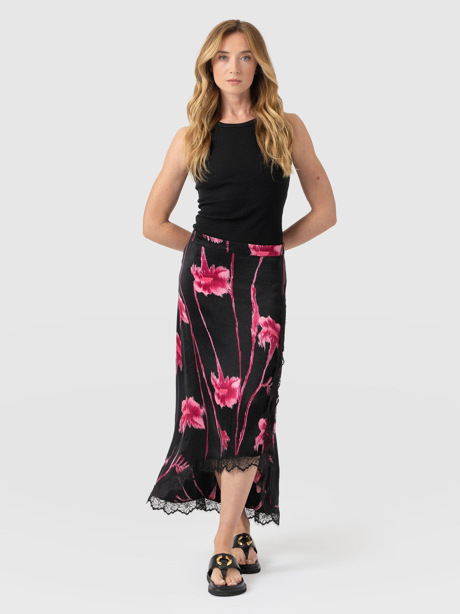 Harper Lace Midi Skirt - Pink Stem Floral - Women's Skirts | Saint + Sofia® UK