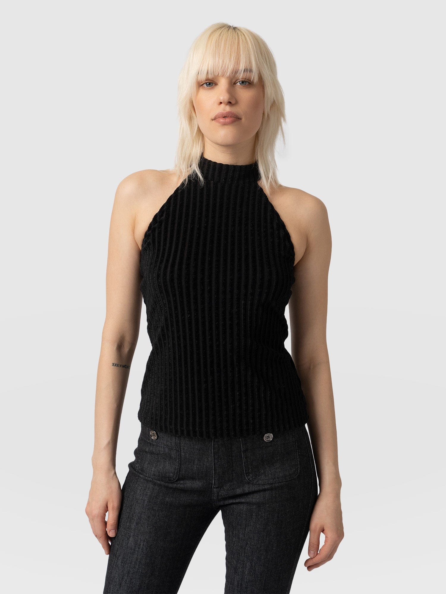 Herne Halter Neck Top - Black Stripe Velvet