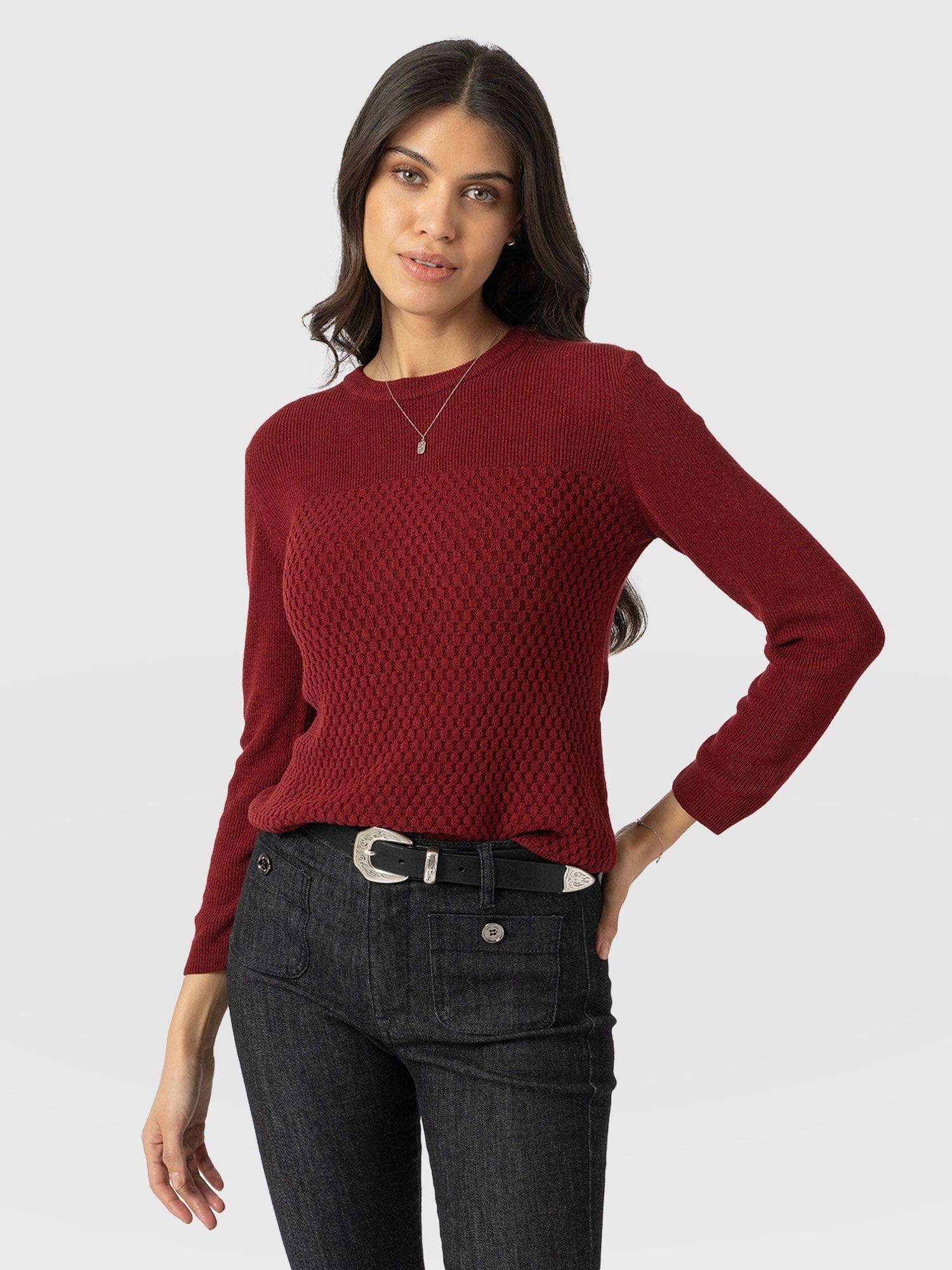 Honeycomb Rib Jumper Burgundy - Women's Jumpers | Saint + Sofia® UK