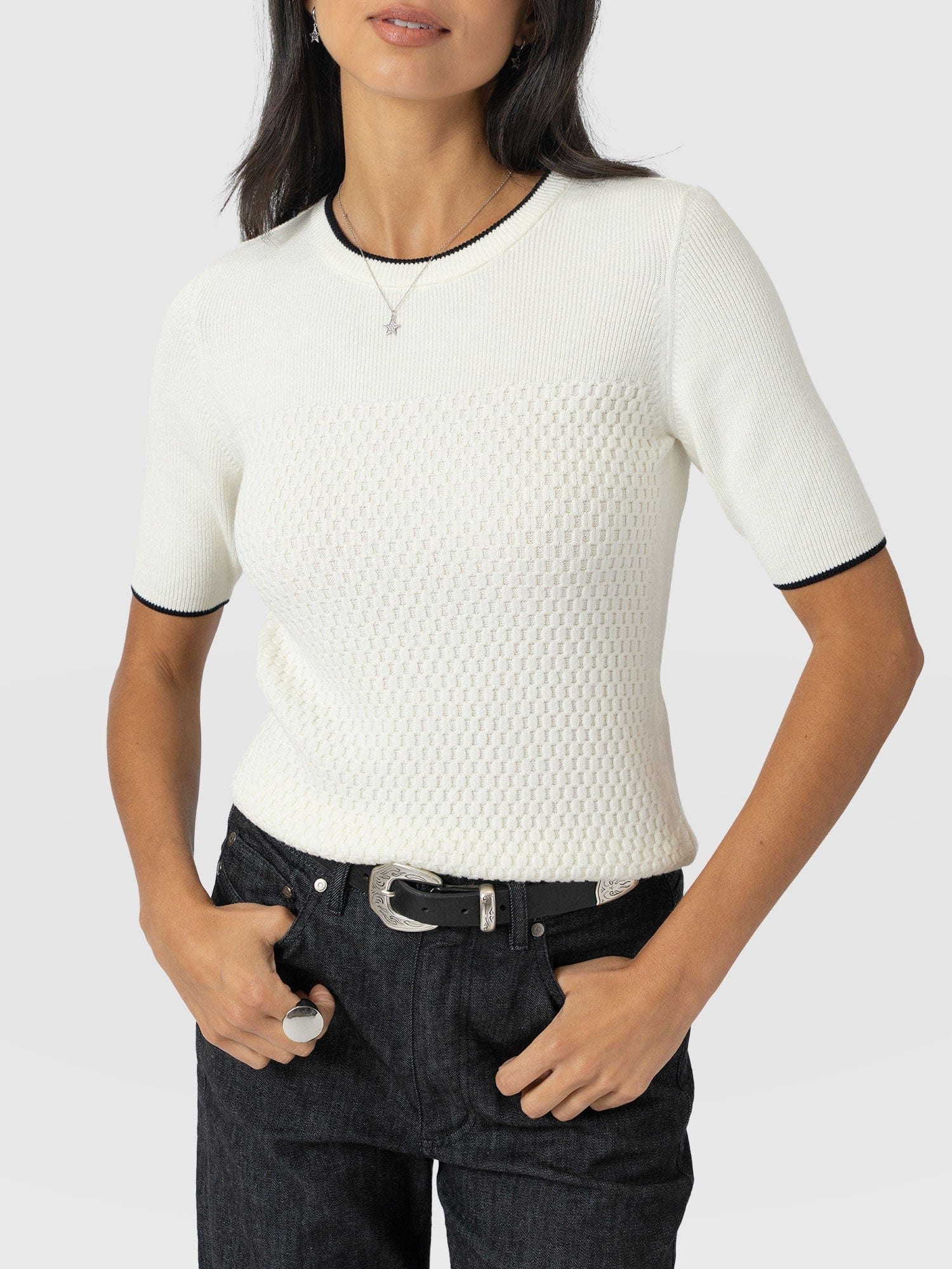 Honeycomb Short Sleeve Knit - Cream