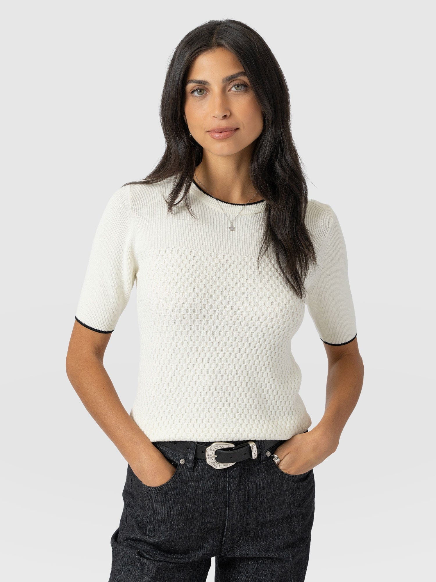 Honeycomb Short Sleeve Knit - Cream - Women's Knitwears | Saint + Sofia? UK