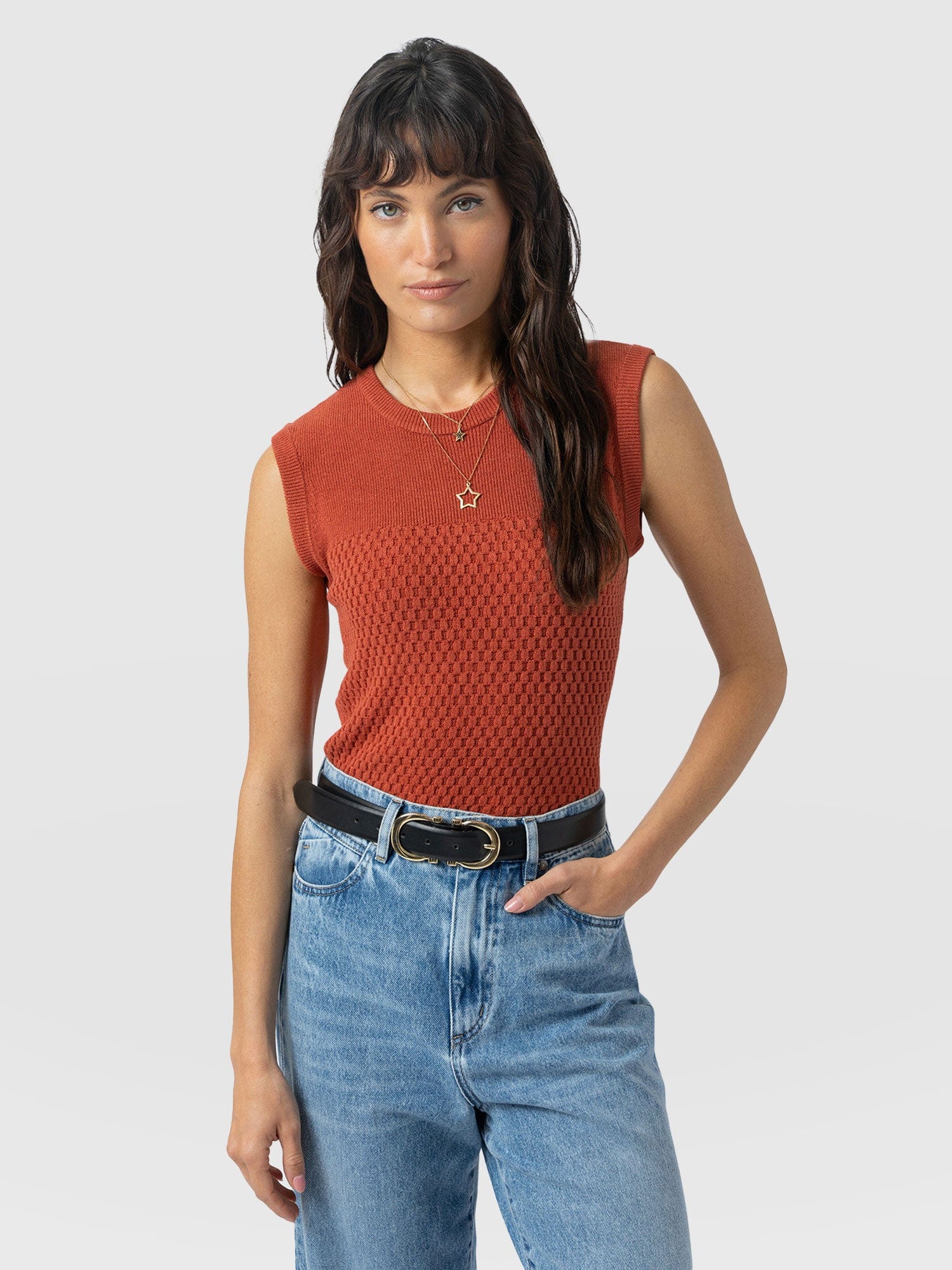 Honeycomb Sleeveless Rib Knit - Burnt Orange - Women's Knitwears | Saint + Sofia® UK