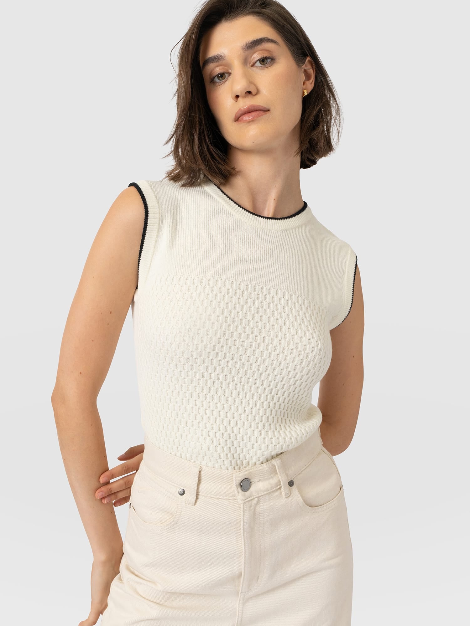 Honeycomb Sleeveless Rib Knit  - Cream