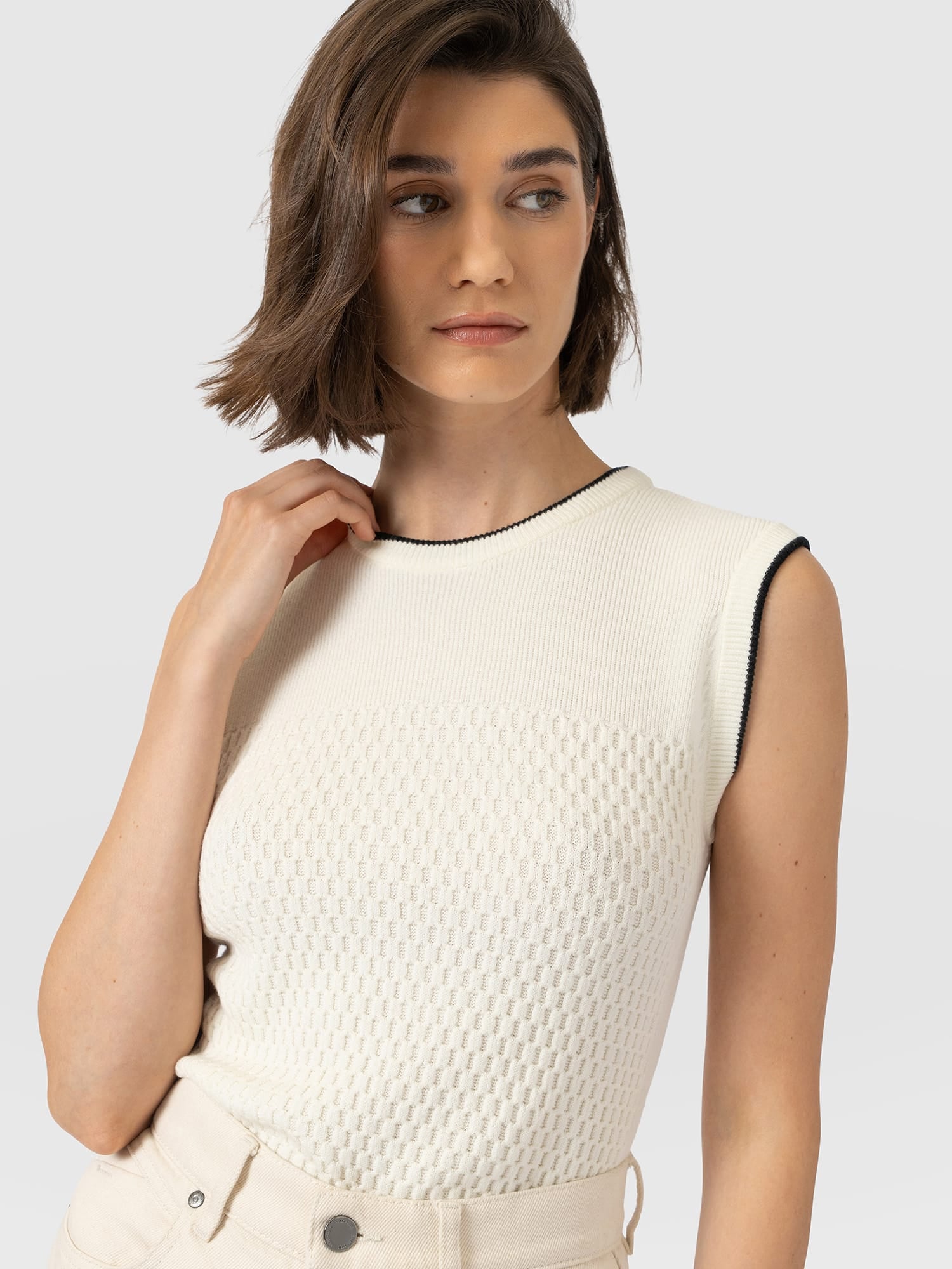 Honeycomb Sleeveless Rib Knit  - Cream