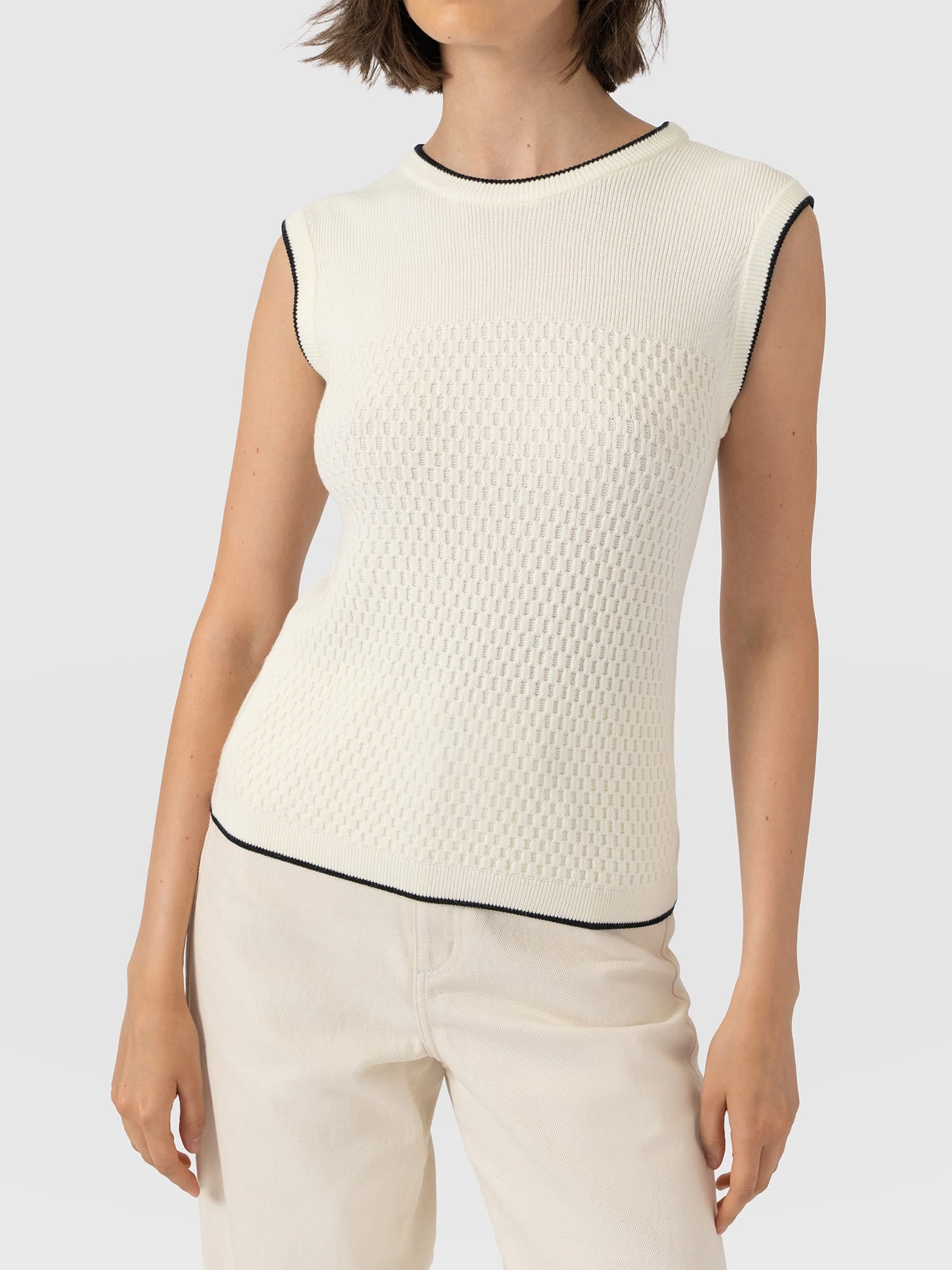 Honeycomb Sleeveless Rib Knit  - Cream