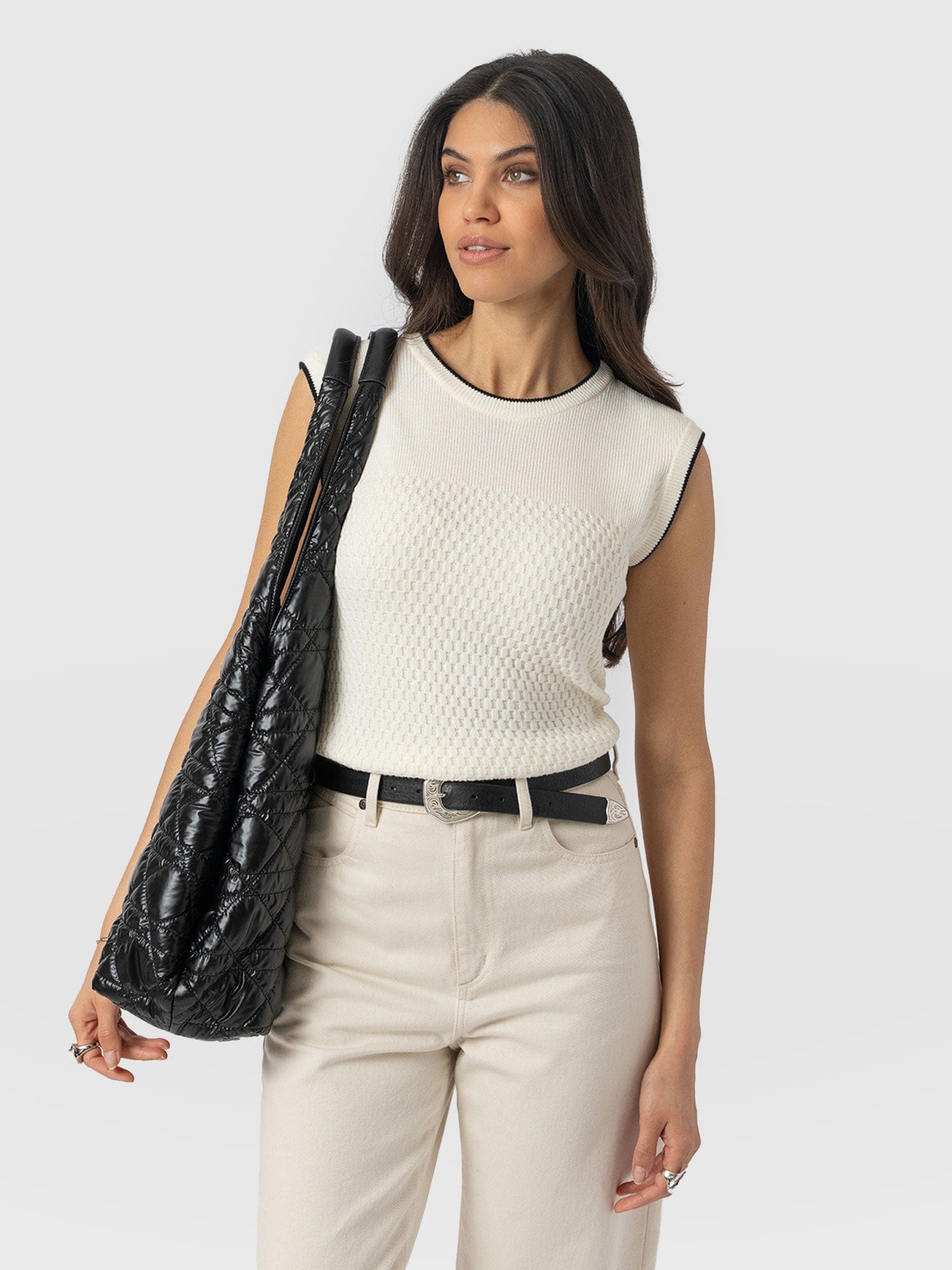 Honeycomb Sleeveless Rib Knit  - Cream - Women's Knitwears | Saint + Sofia® UK