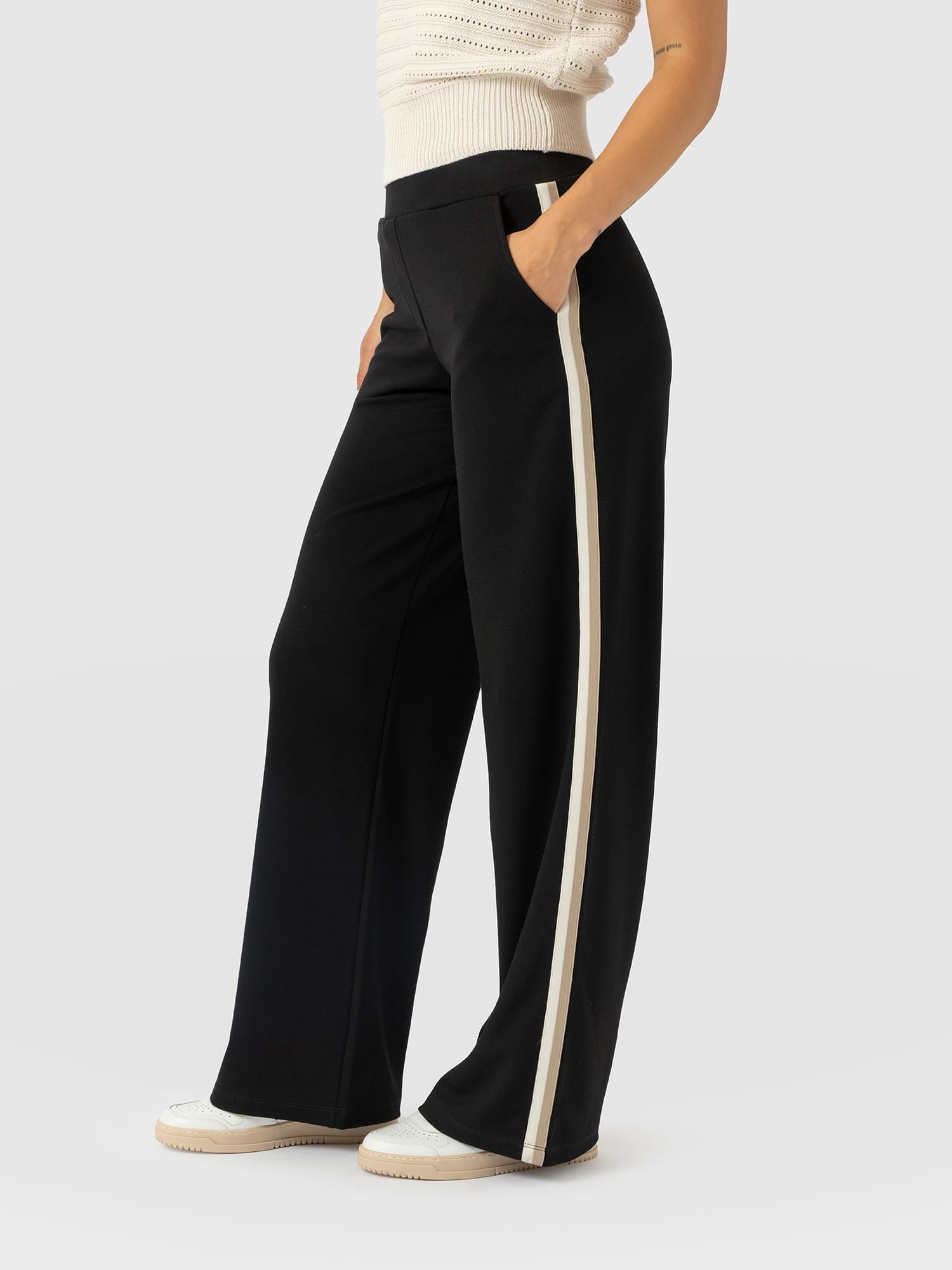 Hoxton Straight Leg Pant - Black - Cream/Beige Stripe - Women's Trousers | Saint and Sofia® UK