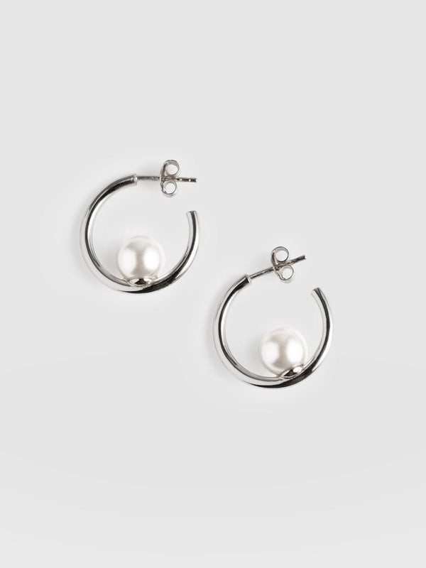 Jacqueline Pearl Hoop Earrings - Silver