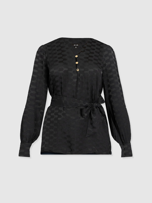 Joselyn V Neck Blouse - Black Jacquard