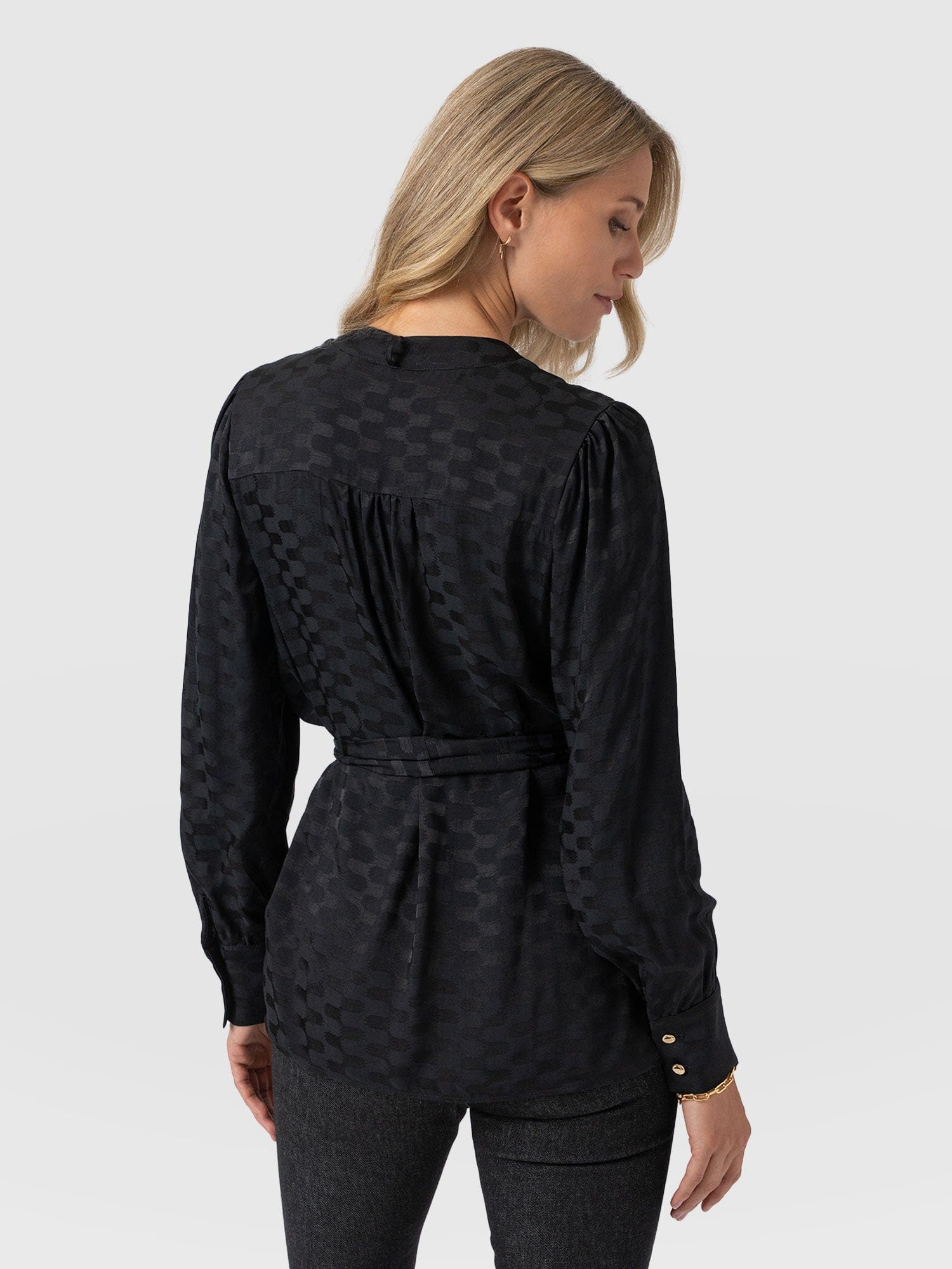Joselyn V Neck Blouse - Black Jacquard