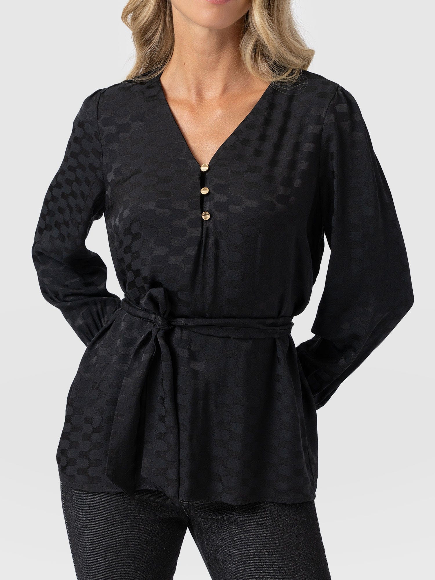 Joselyn V Neck Blouse - Black Jacquard