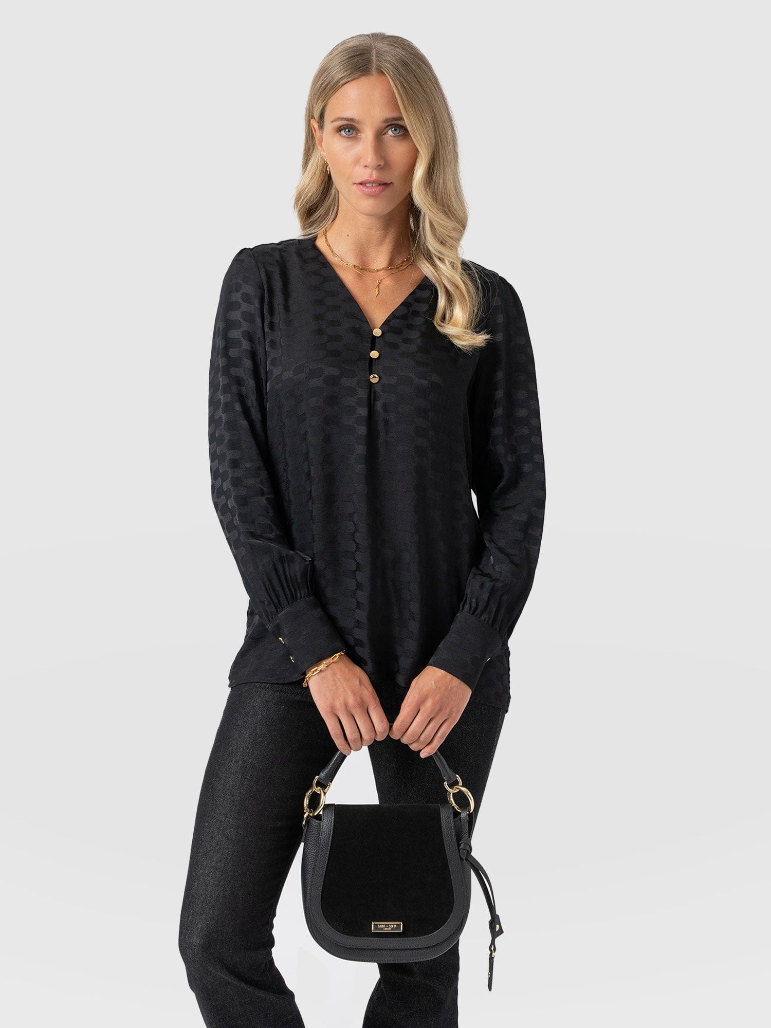 Joselyn V Neck Blouse - Black Jacquard