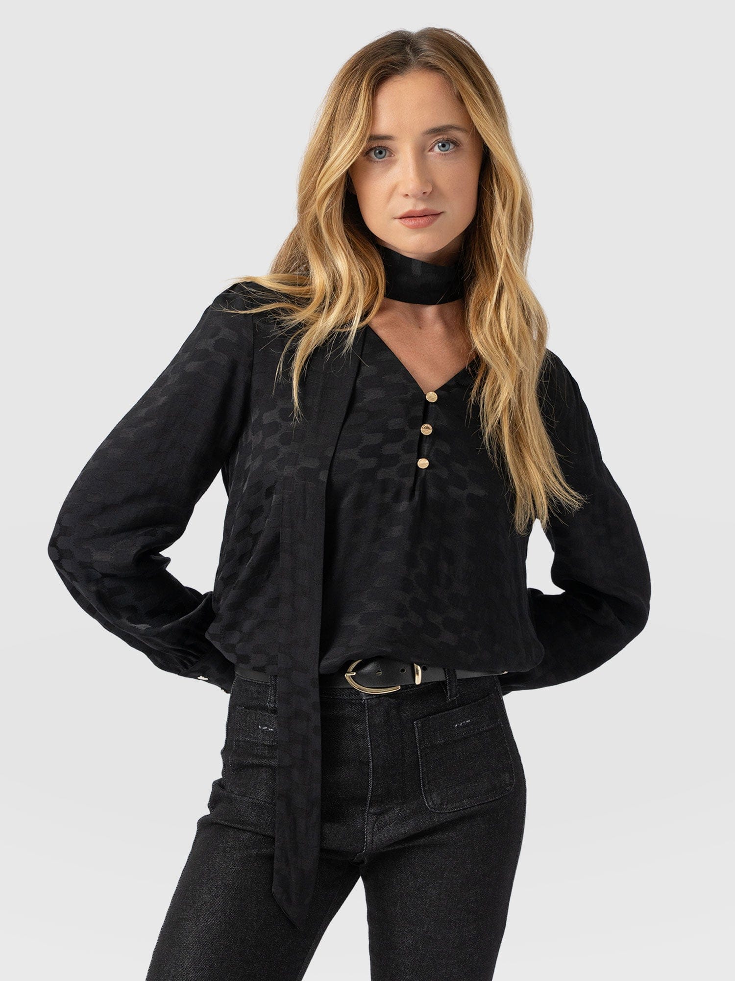 Joselyn V Neck Blouse - Black Jacquard