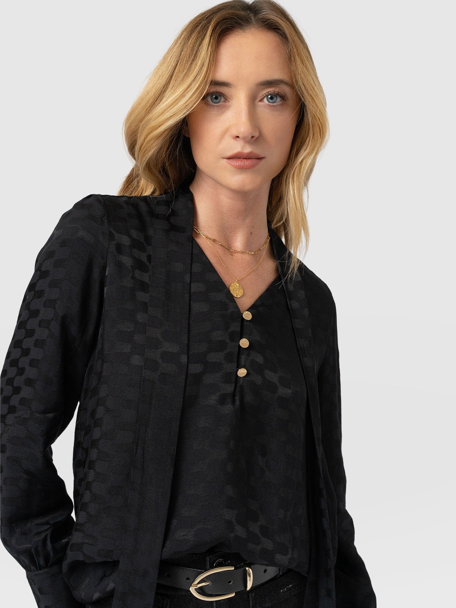 Joselyn V Neck Blouse - Black Jacquard
