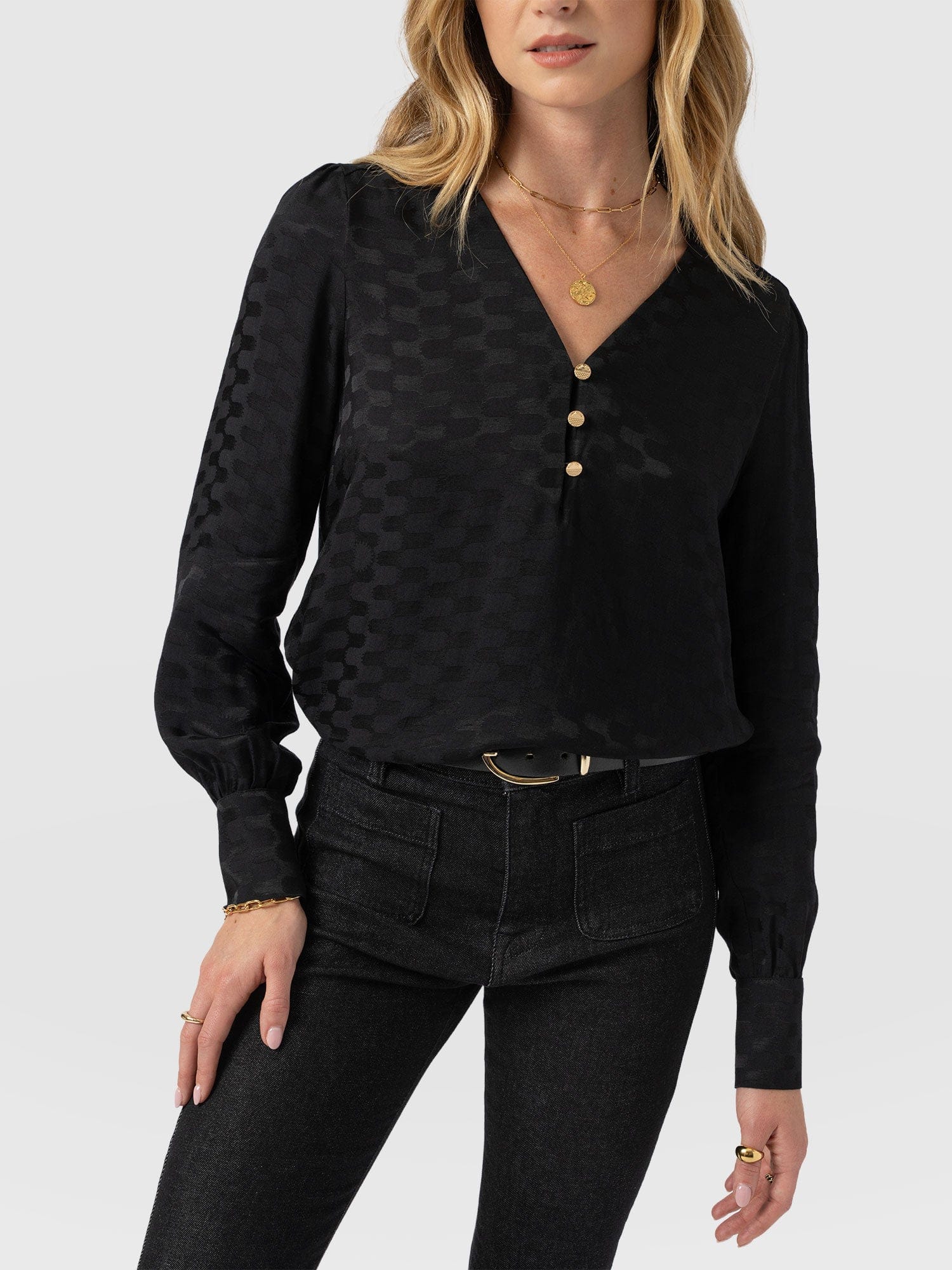 Joselyn V Neck Blouse - Black Jacquard