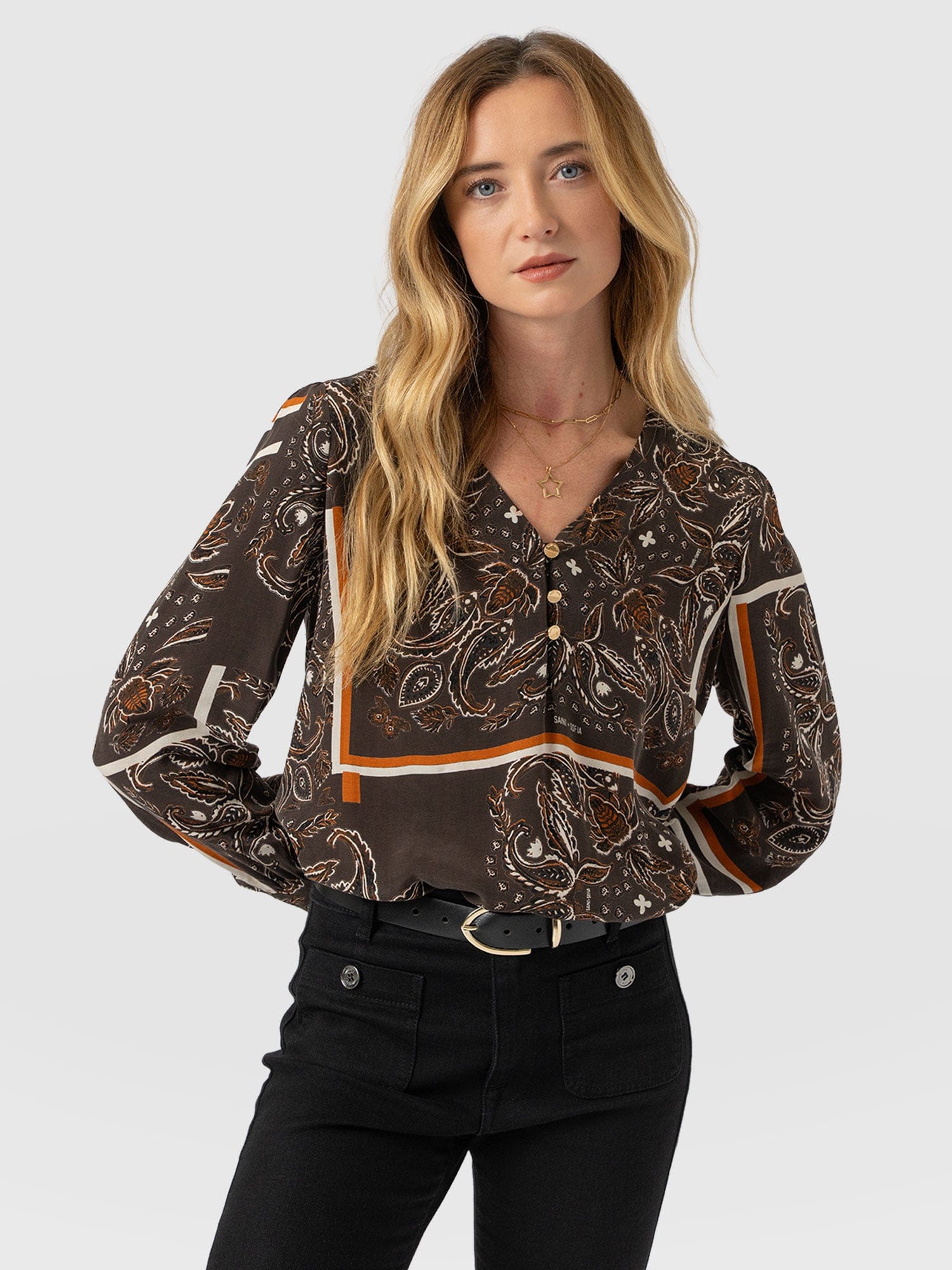 Joselyn V Neck Blouse - Brown Paisley