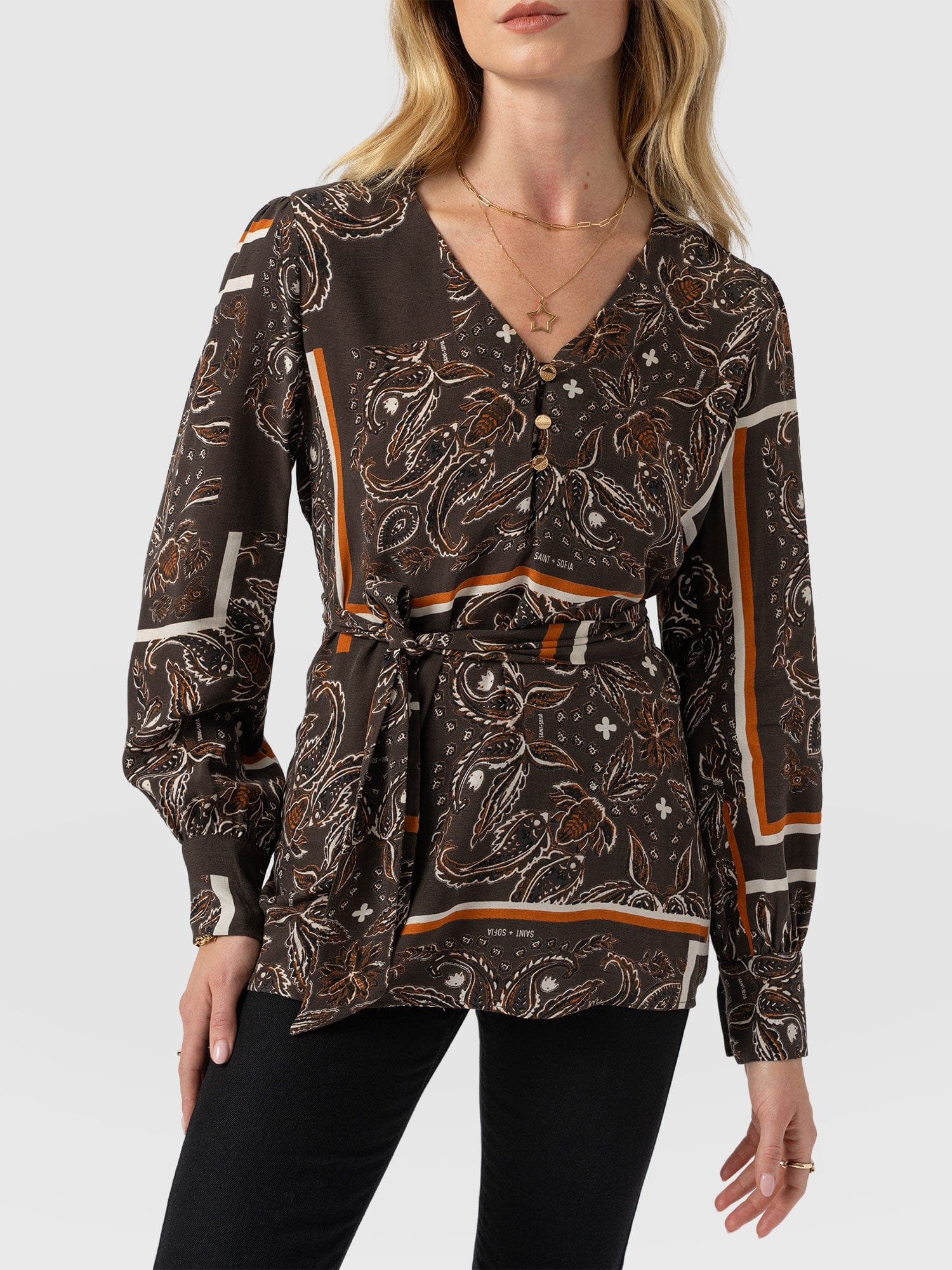 Joselyn V Neck Blouse - Brown Paisley