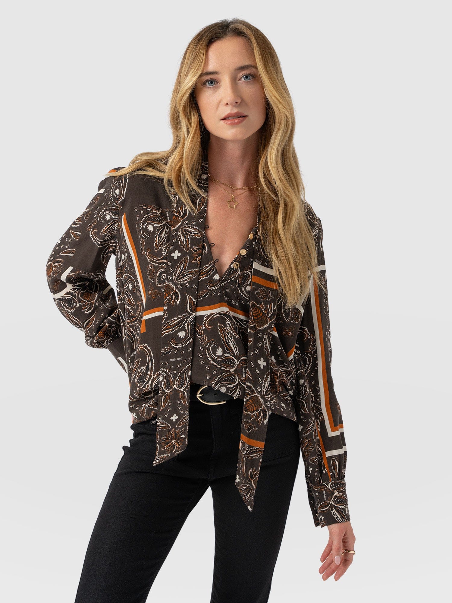 Joselyn V Neck Blouse - Brown Paisley