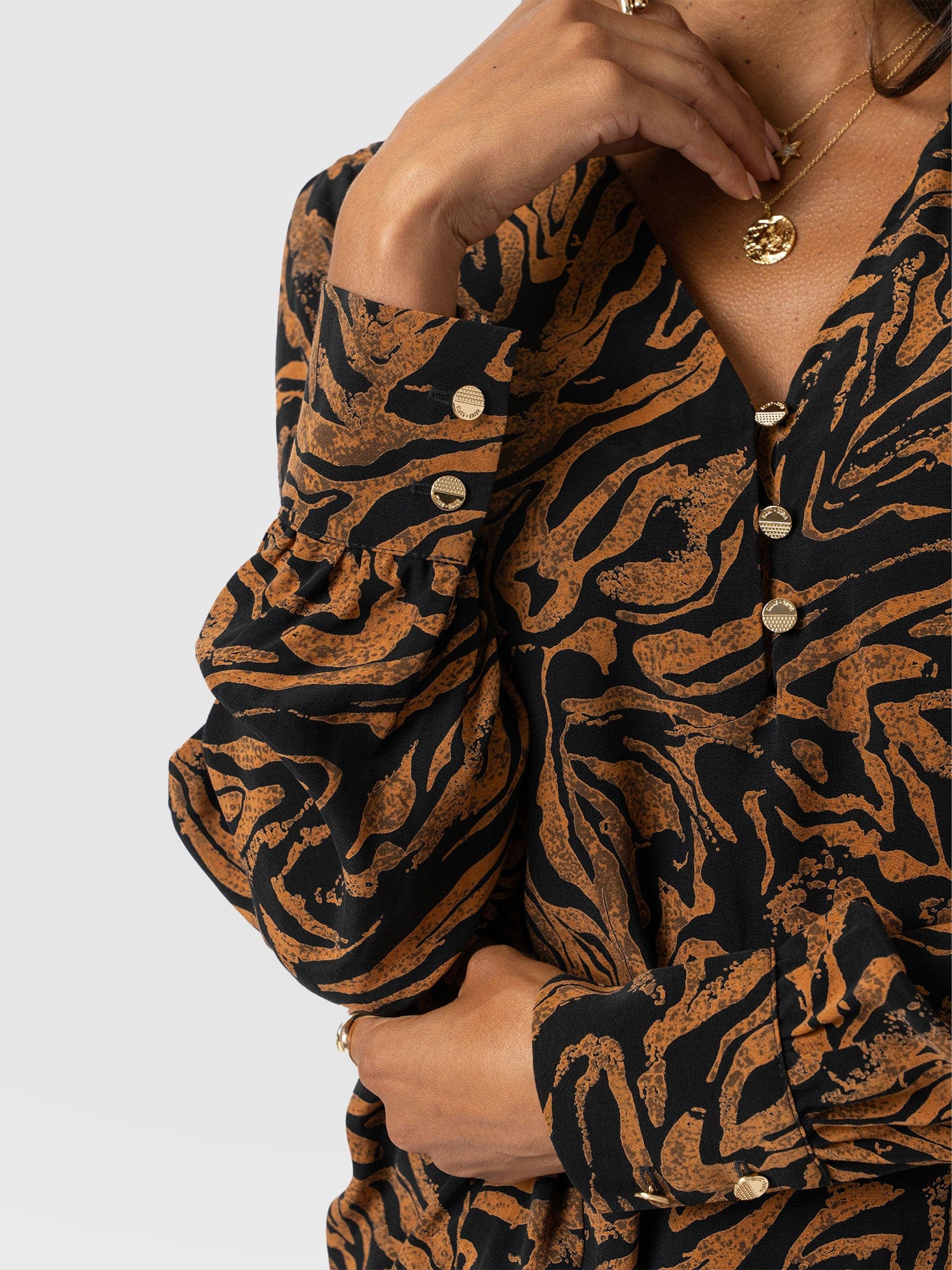 Joselyn V Neck Blouse - Brown Zebra - Women's Blouses | Saint + Sofia® UK