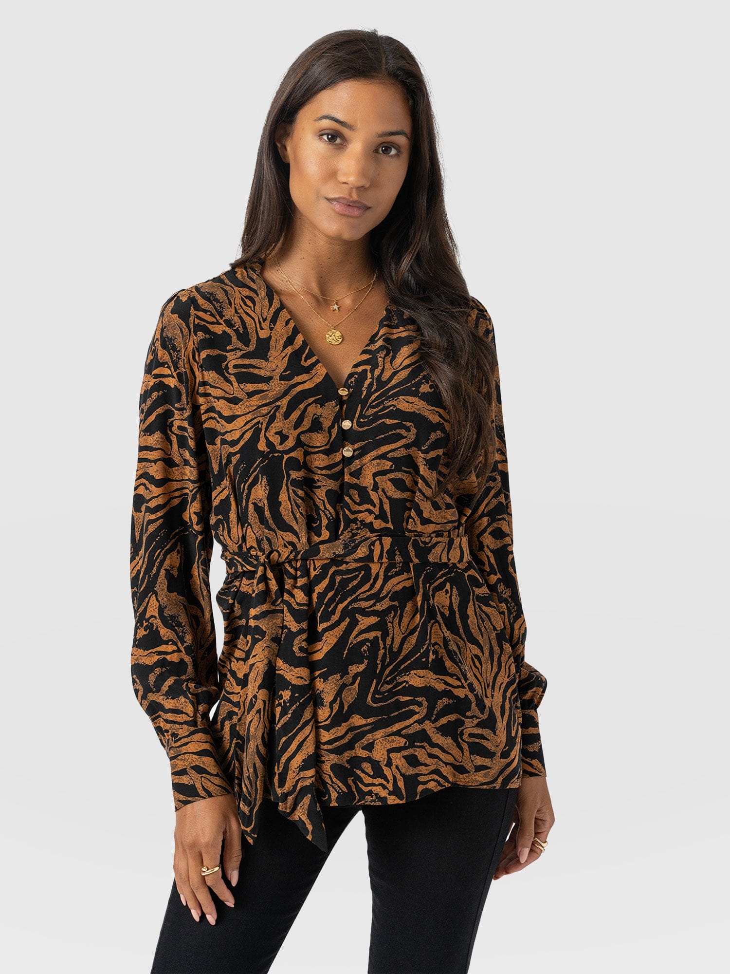 Joselyn V Neck Blouse - Brown Zebra - Women's Blouses | Saint + Sofia® UK