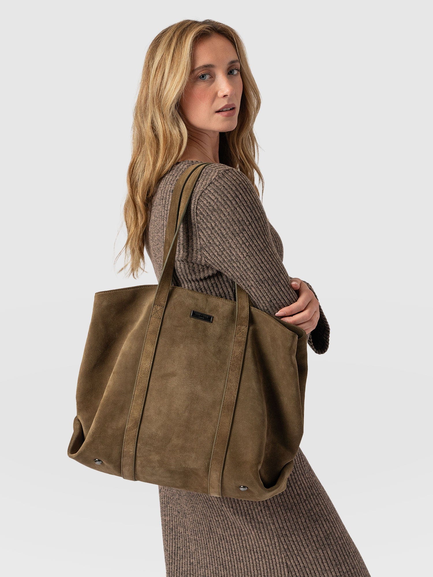 Kara Shopper Bag Khaki Suede - Women's Bags | Saint + Sofia® UK