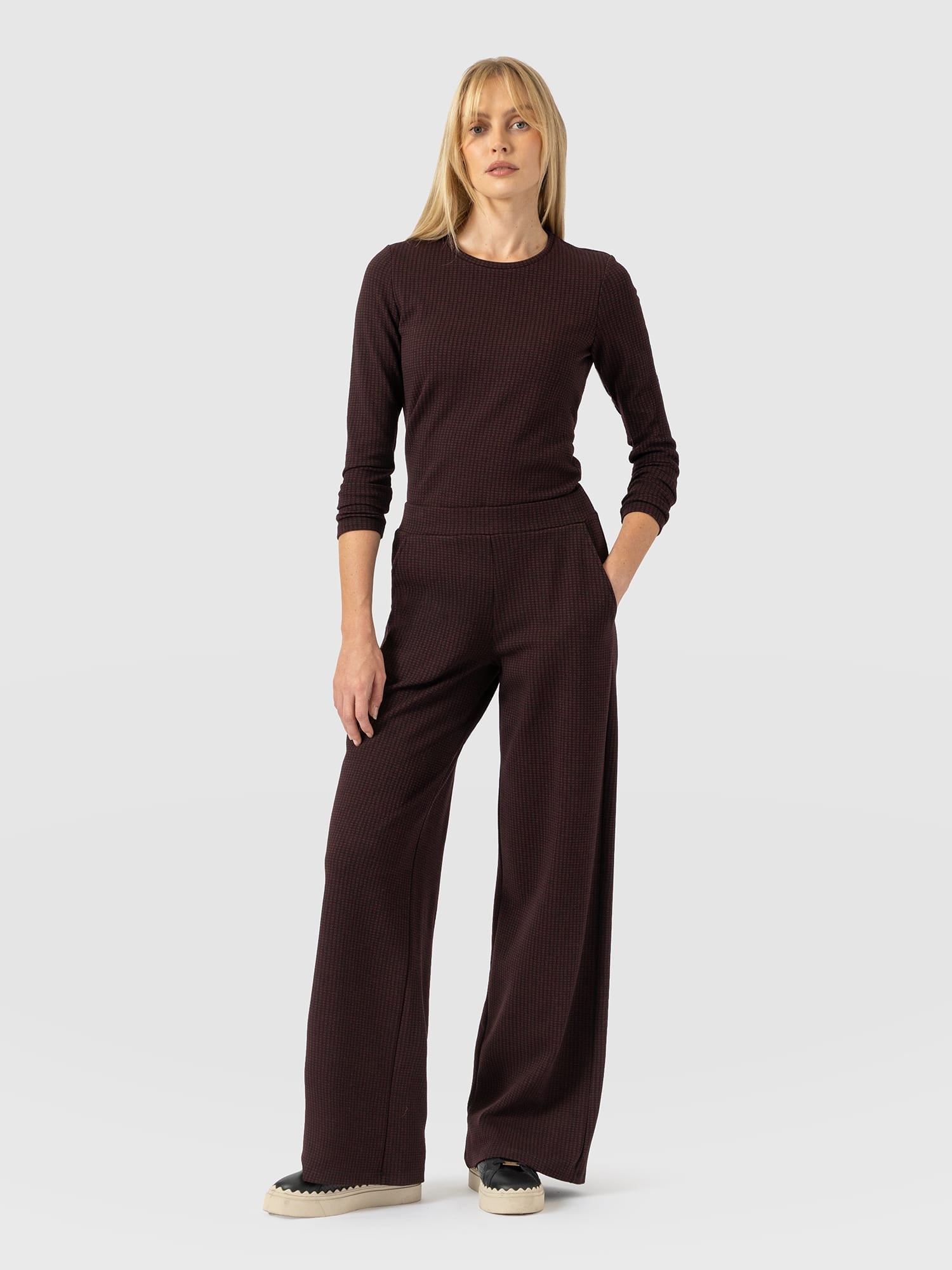 Keller Wide Leg Pant - Burgundy Boucle - Women's Trousers | Saint and Sofia® UK