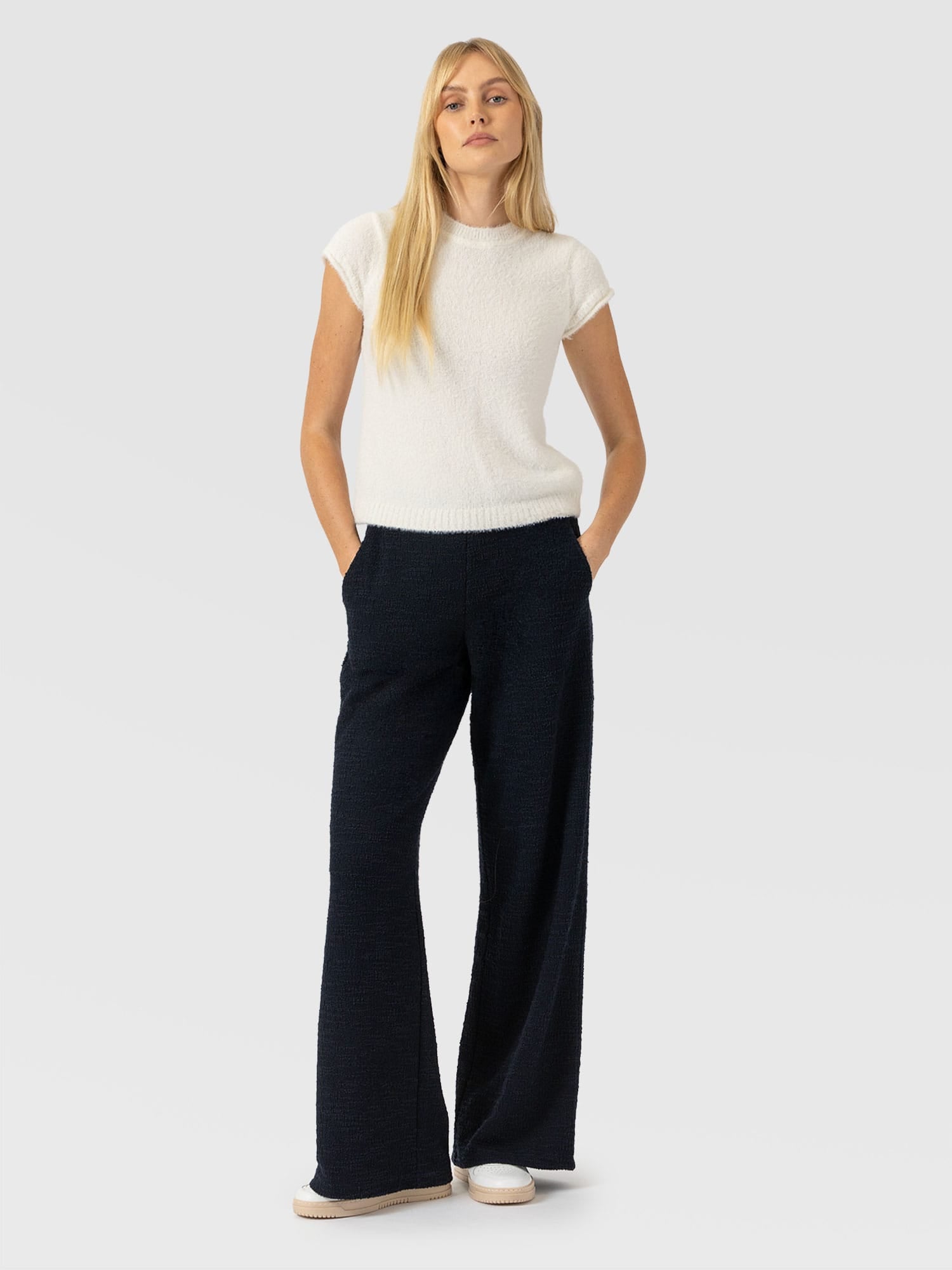 Keller Wide Leg Pant - Navy Boucle - Women's Trousers | Saint and Sofia® UK