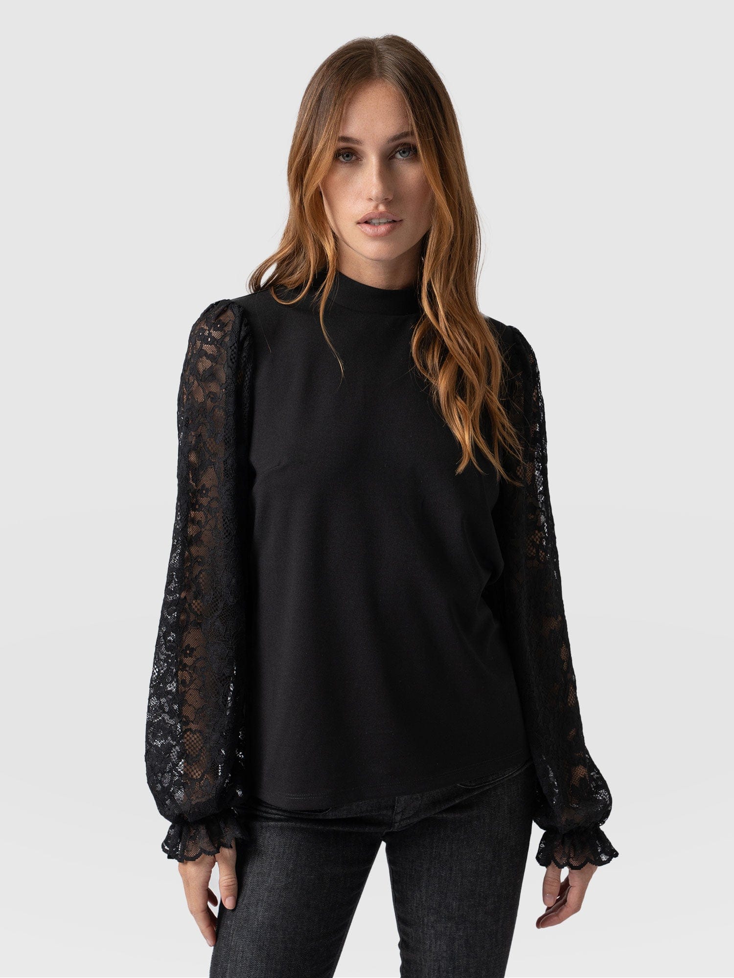 Lace Penny Puff Long Sleeve Black - Women's T-Shirts | Saint +