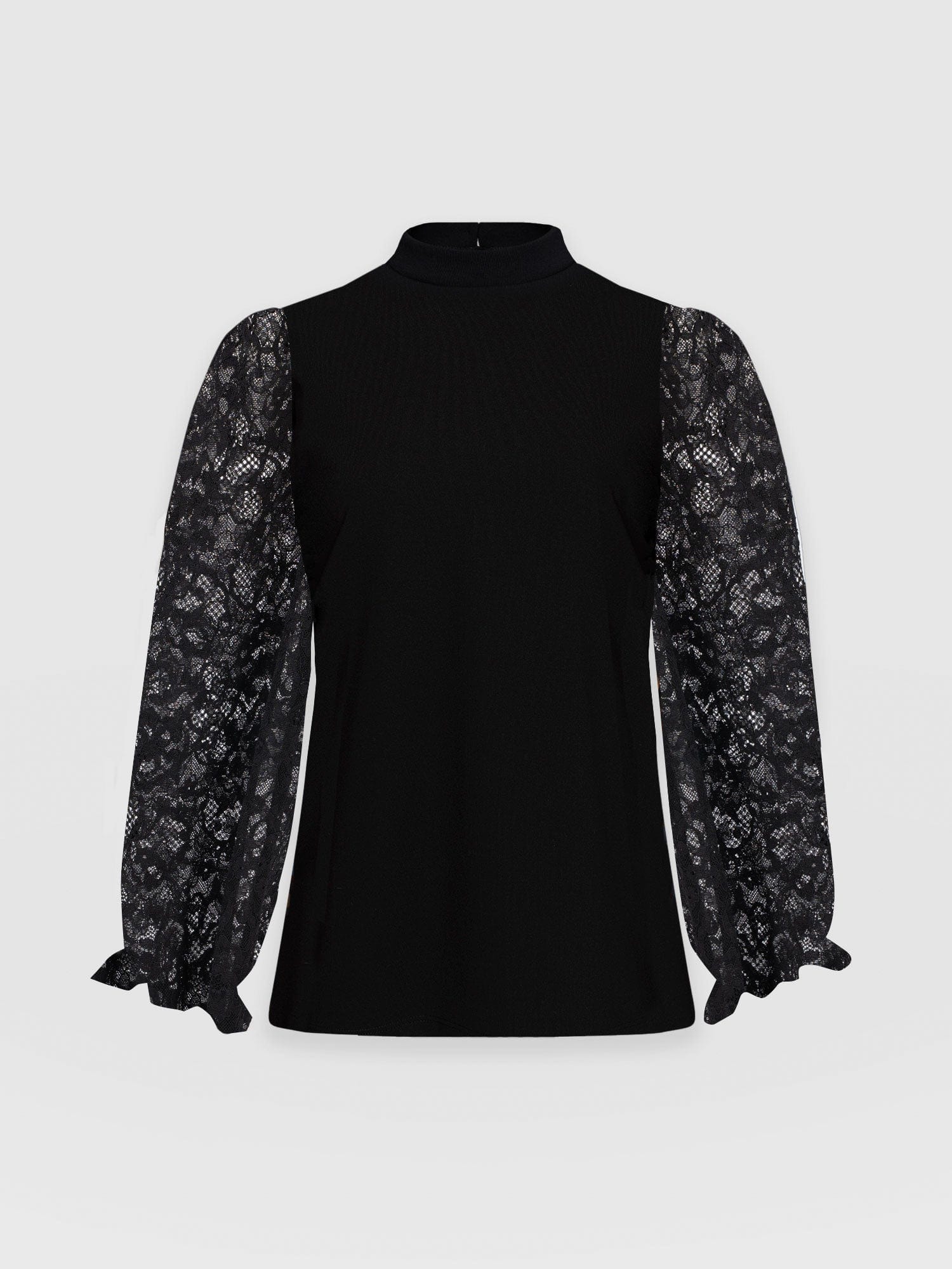 Lace Penny Puff Long Sleeve Top - Black